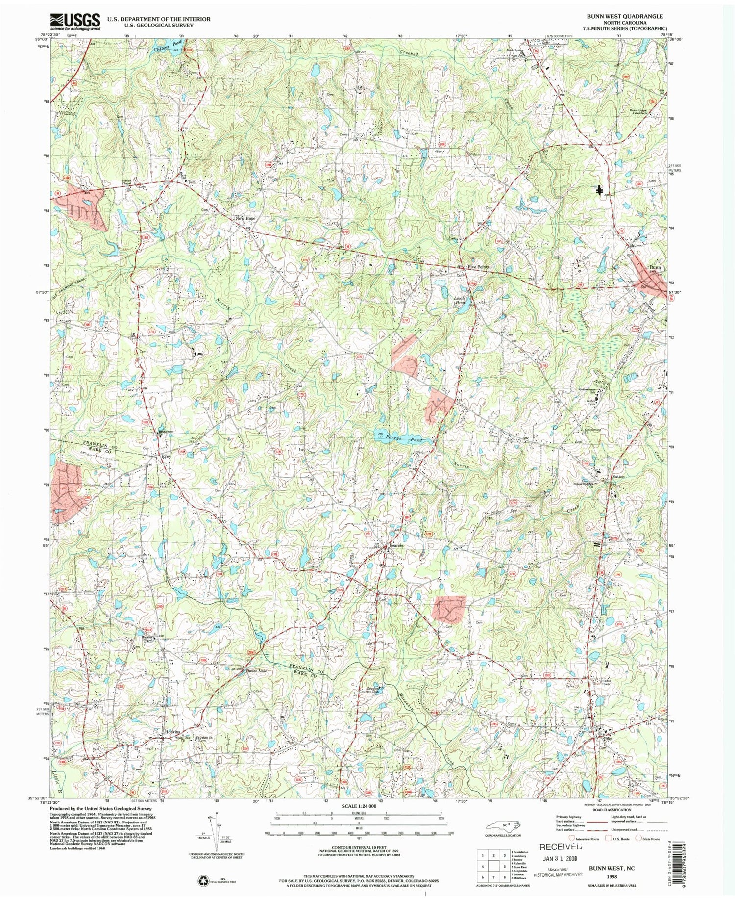 Classic USGS Bunn West North Carolina 7.5'x7.5' Topo Map Image