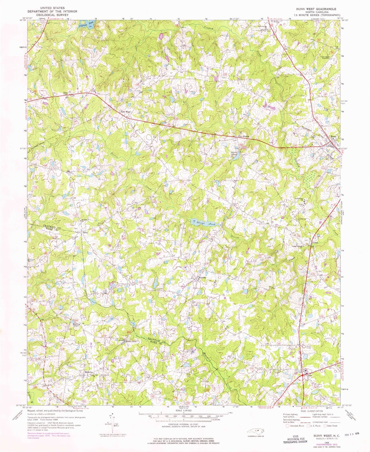 Classic USGS Bunn West North Carolina 7.5'x7.5' Topo Map Image