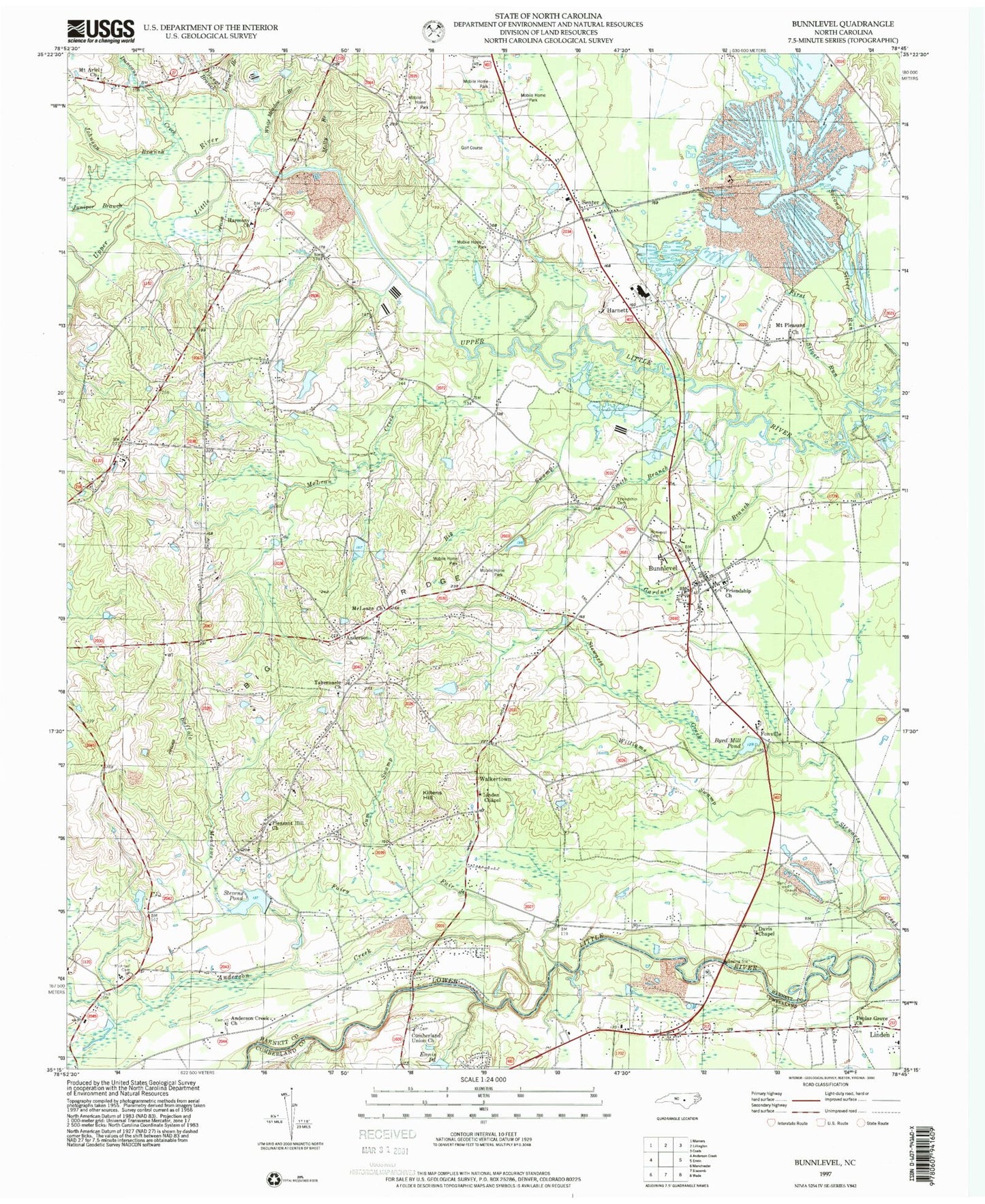 Classic USGS Bunnlevel North Carolina 7.5'x7.5' Topo Map Image