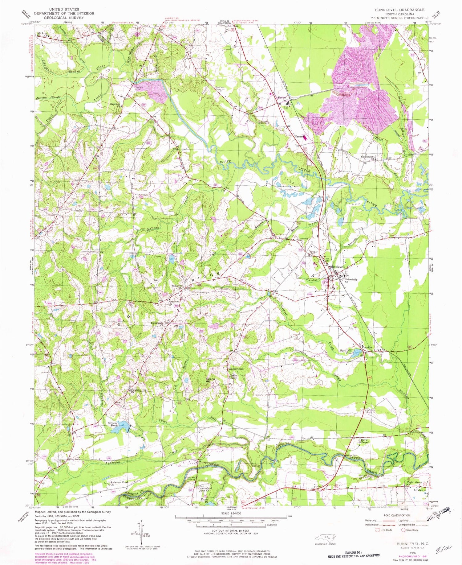 Classic USGS Bunnlevel North Carolina 7.5'x7.5' Topo Map Image