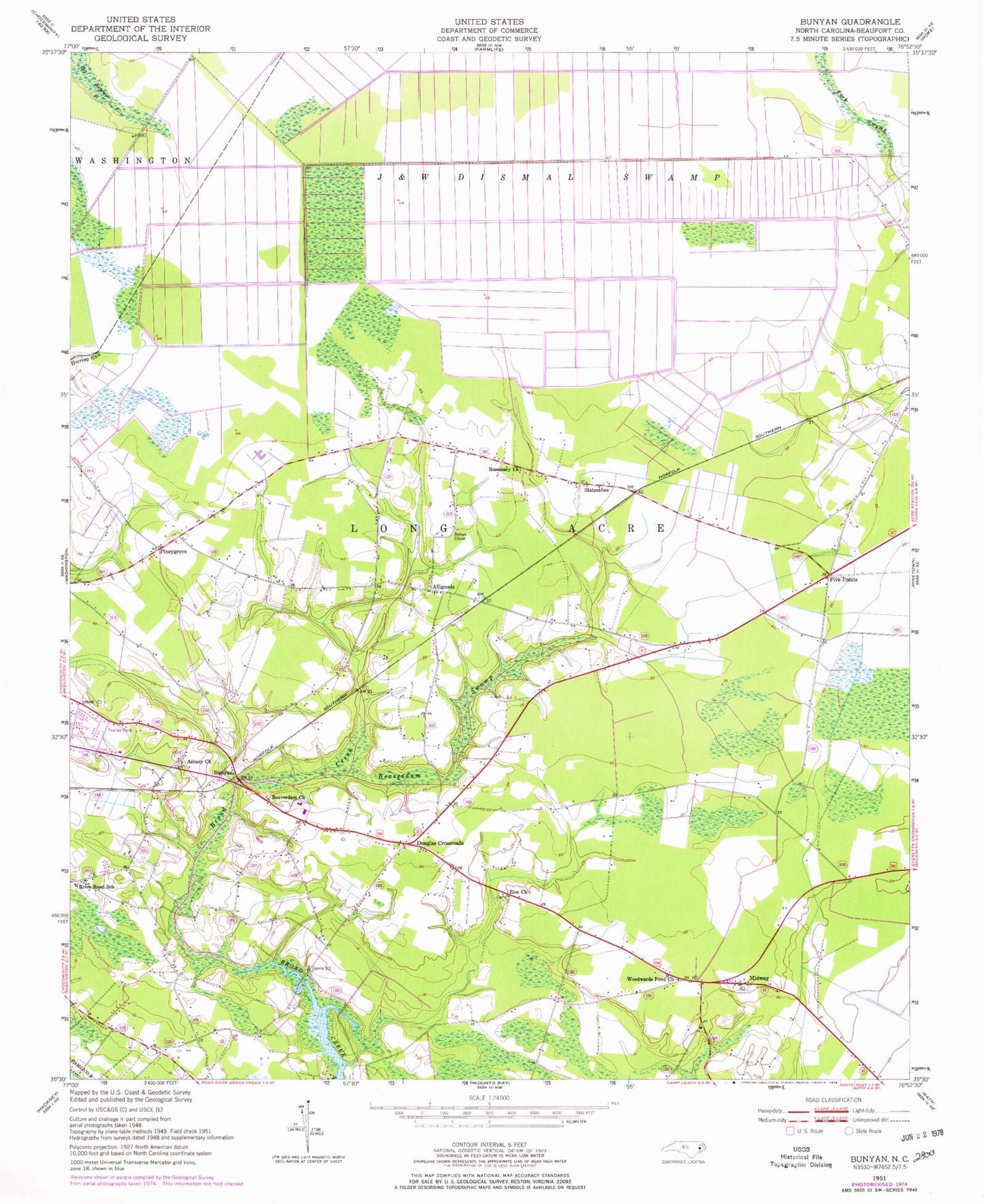 Classic USGS Bunyan North Carolina 7.5'x7.5' Topo Map Image