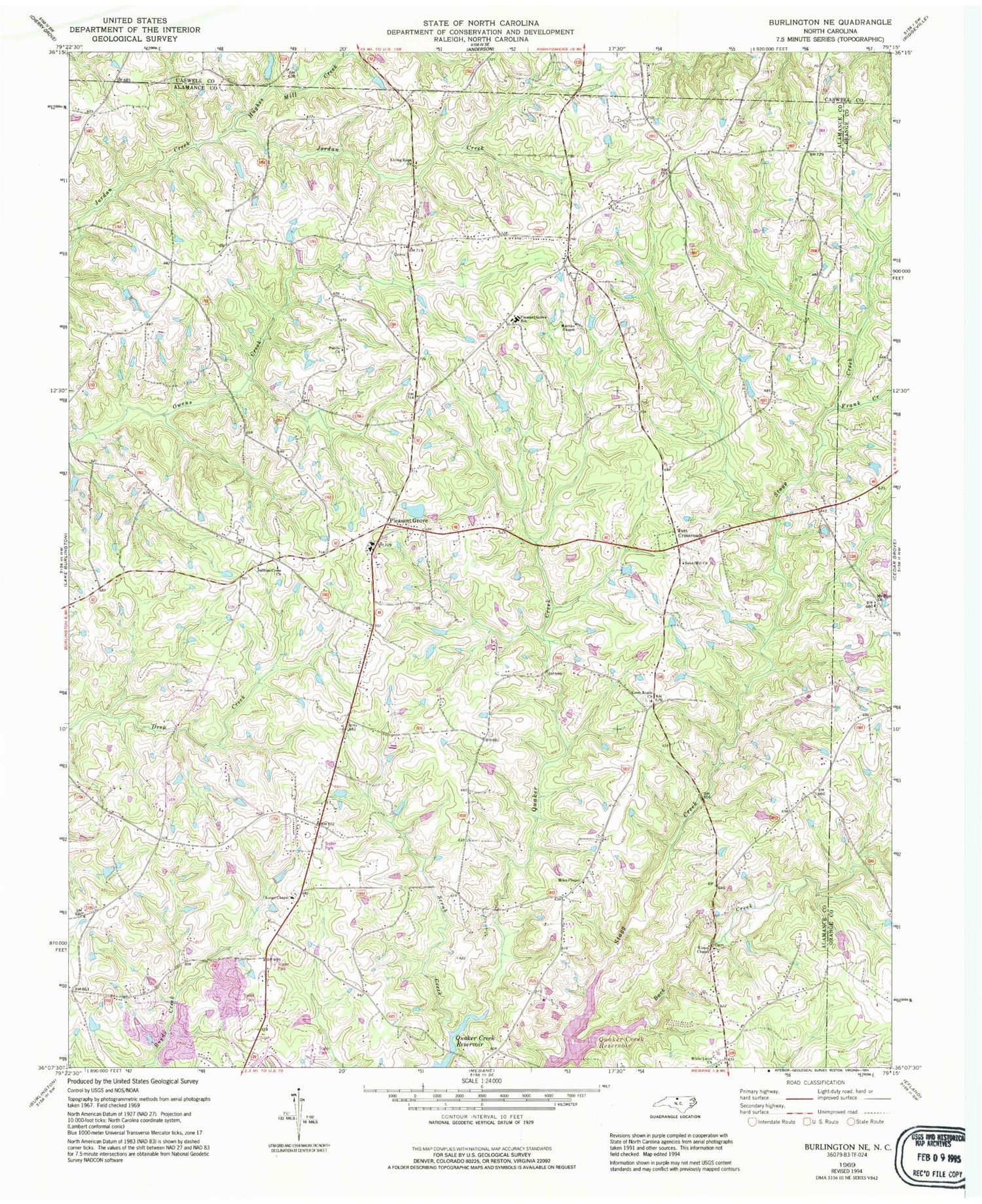 Classic USGS Burlington NE North Carolina 7.5'x7.5' Topo Map Image