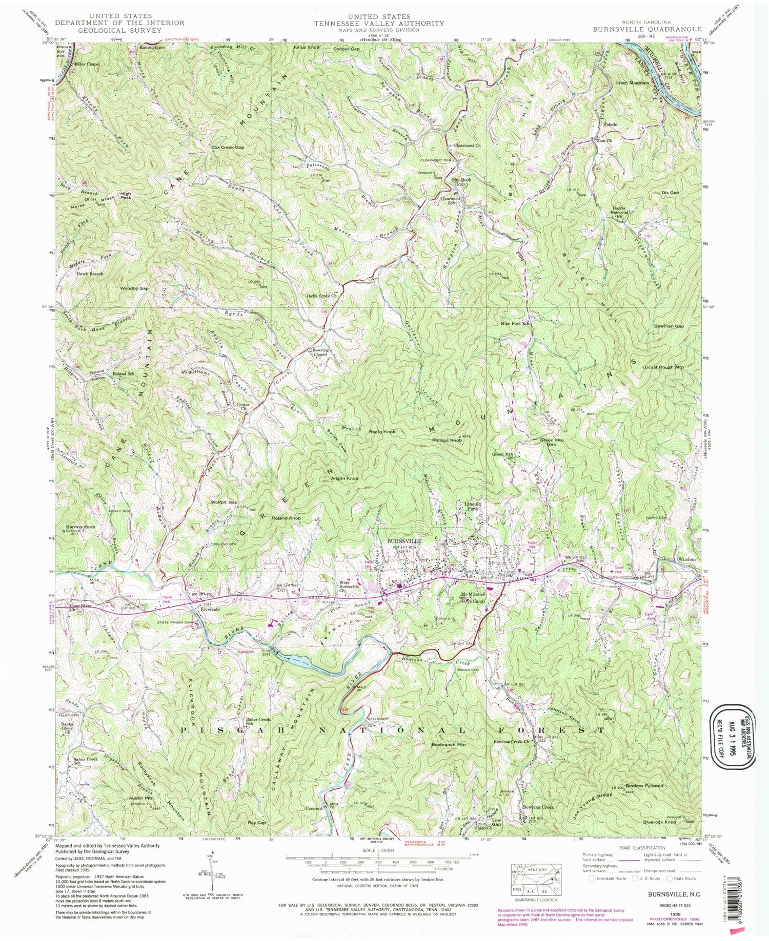 Classic USGS Burnsville North Carolina 7.5'x7.5' Topo Map Image