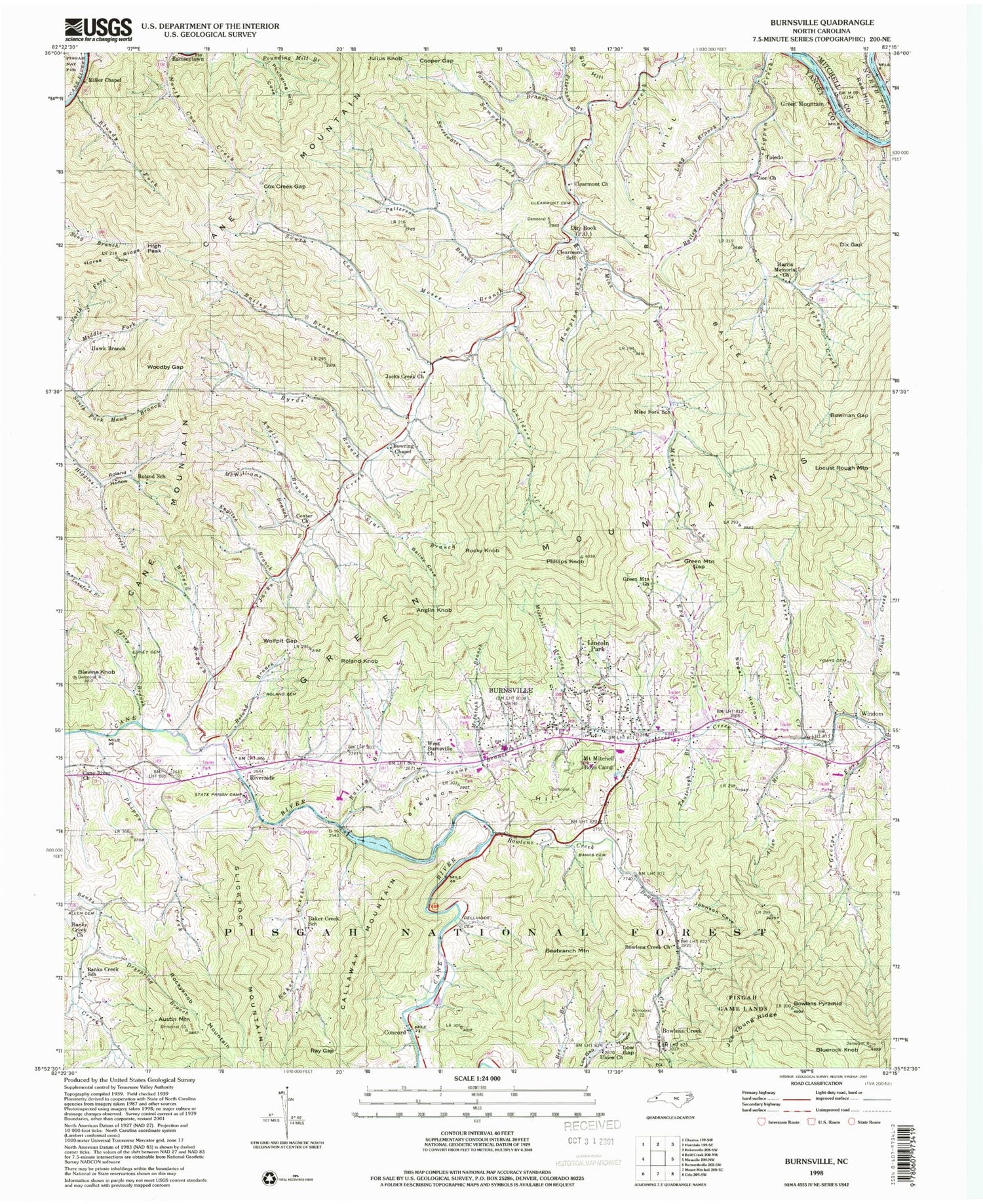 Classic USGS Burnsville North Carolina 7.5'x7.5' Topo Map Image