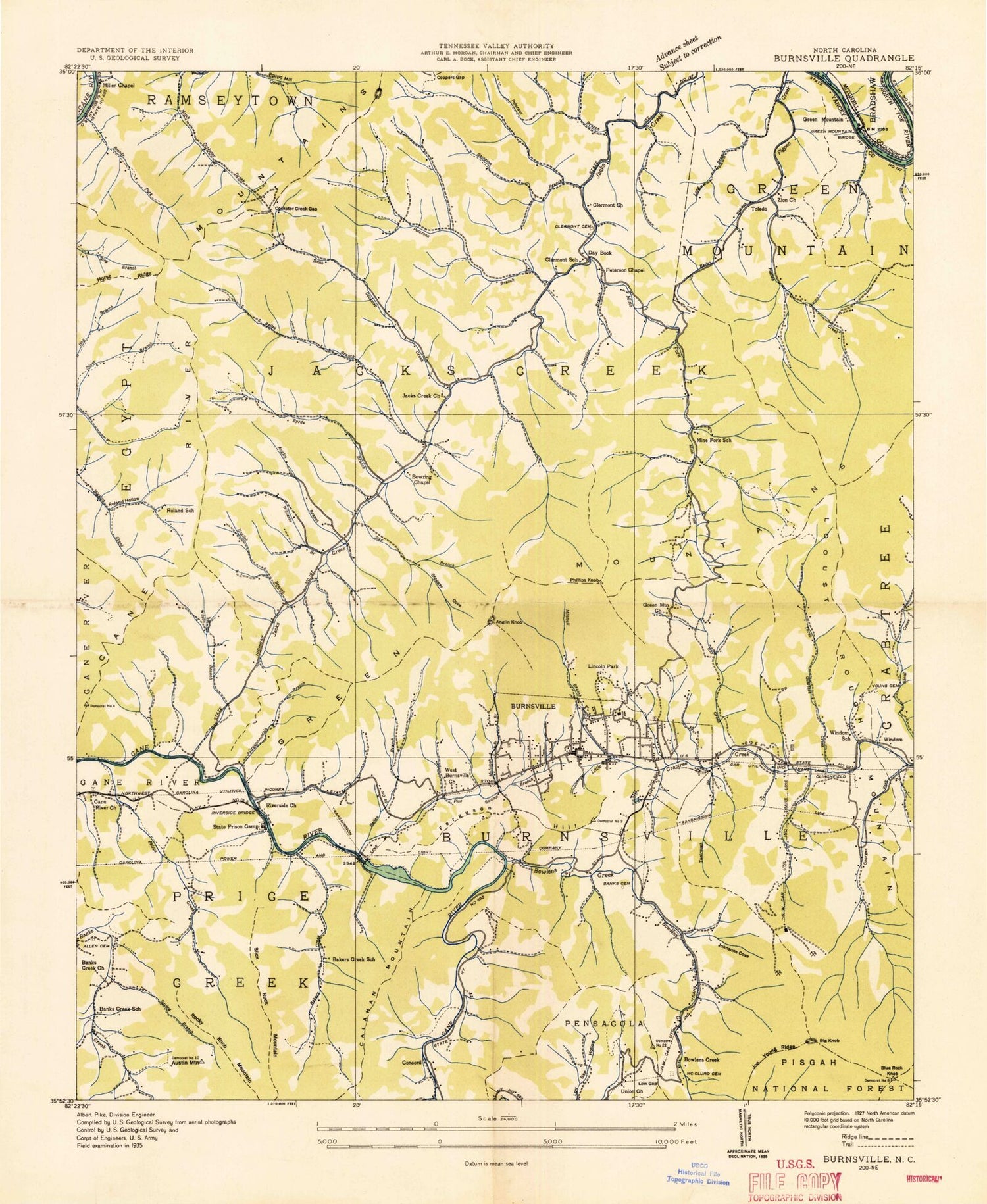 Classic USGS Burnsville North Carolina 7.5'x7.5' Topo Map Image