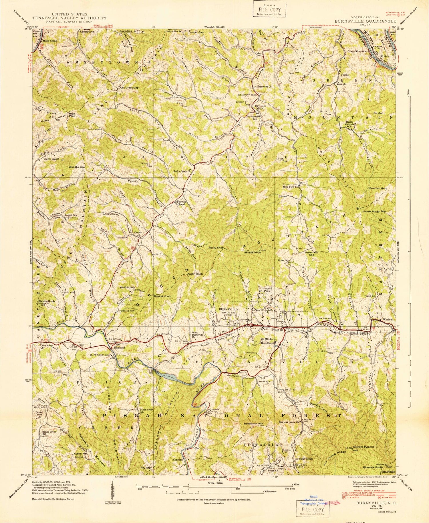 Classic USGS Burnsville North Carolina 7.5'x7.5' Topo Map Image