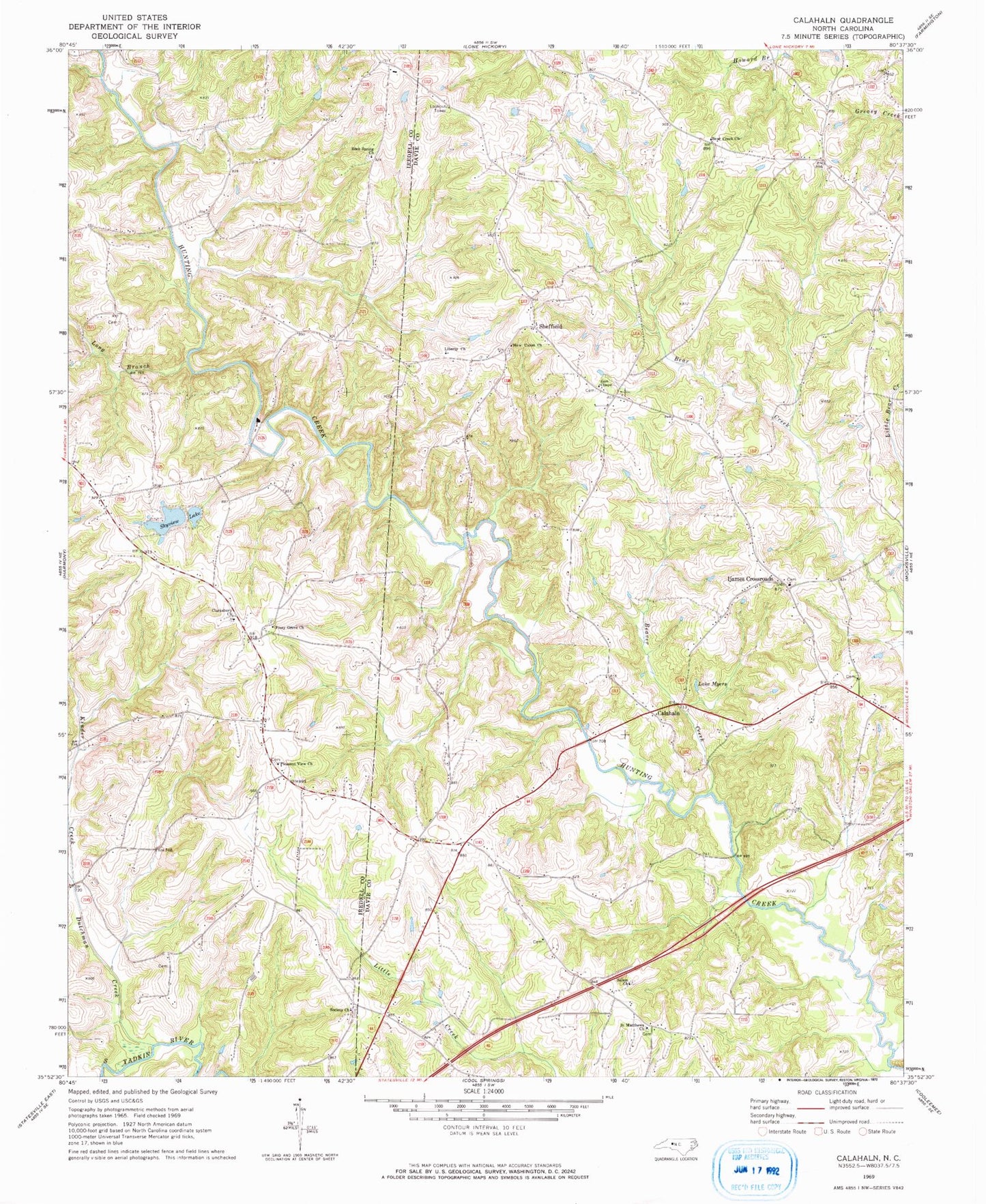 Classic USGS Calahaln North Carolina 7.5'x7.5' Topo Map Image