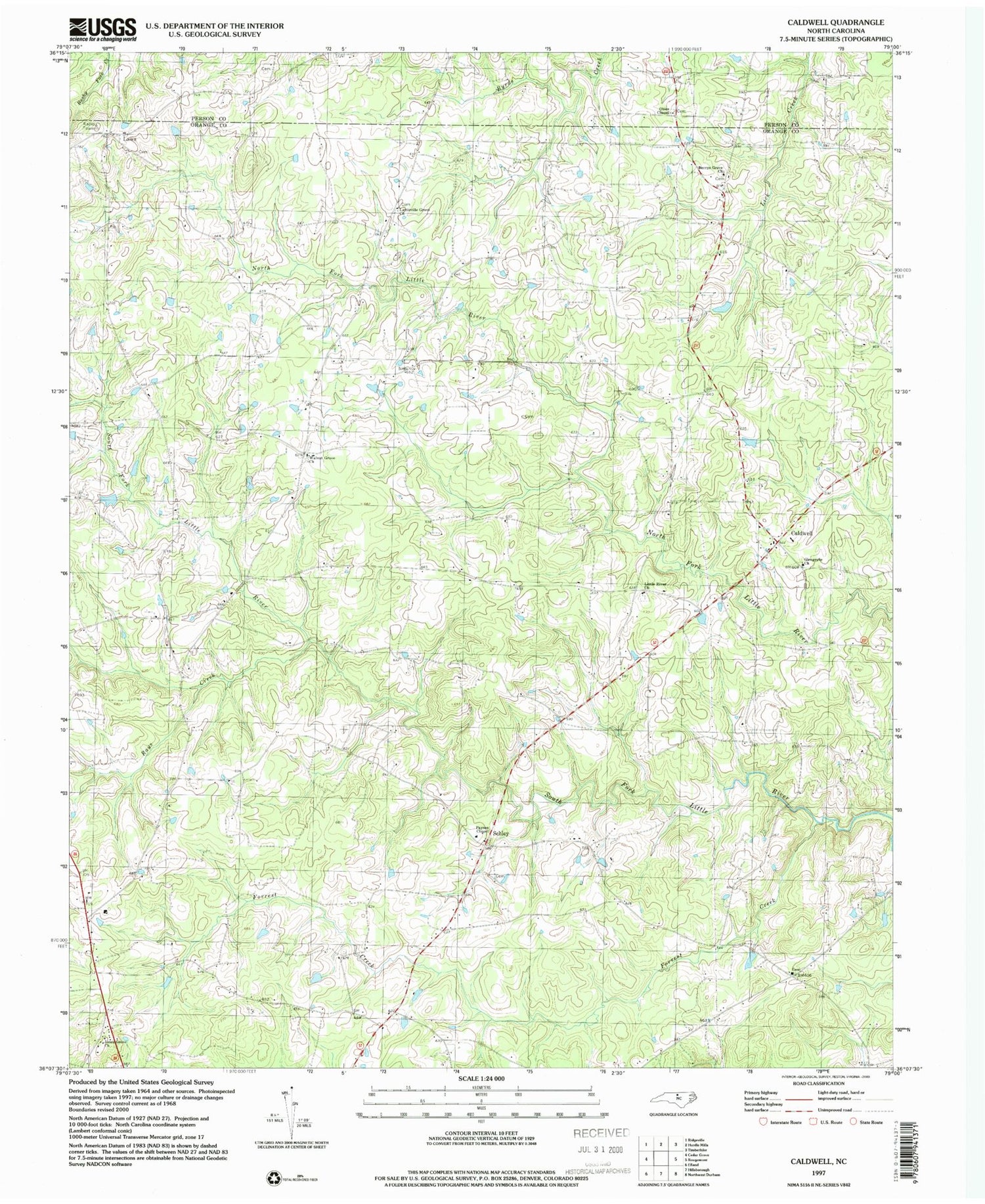 Classic USGS Caldwell North Carolina 7.5'x7.5' Topo Map Image