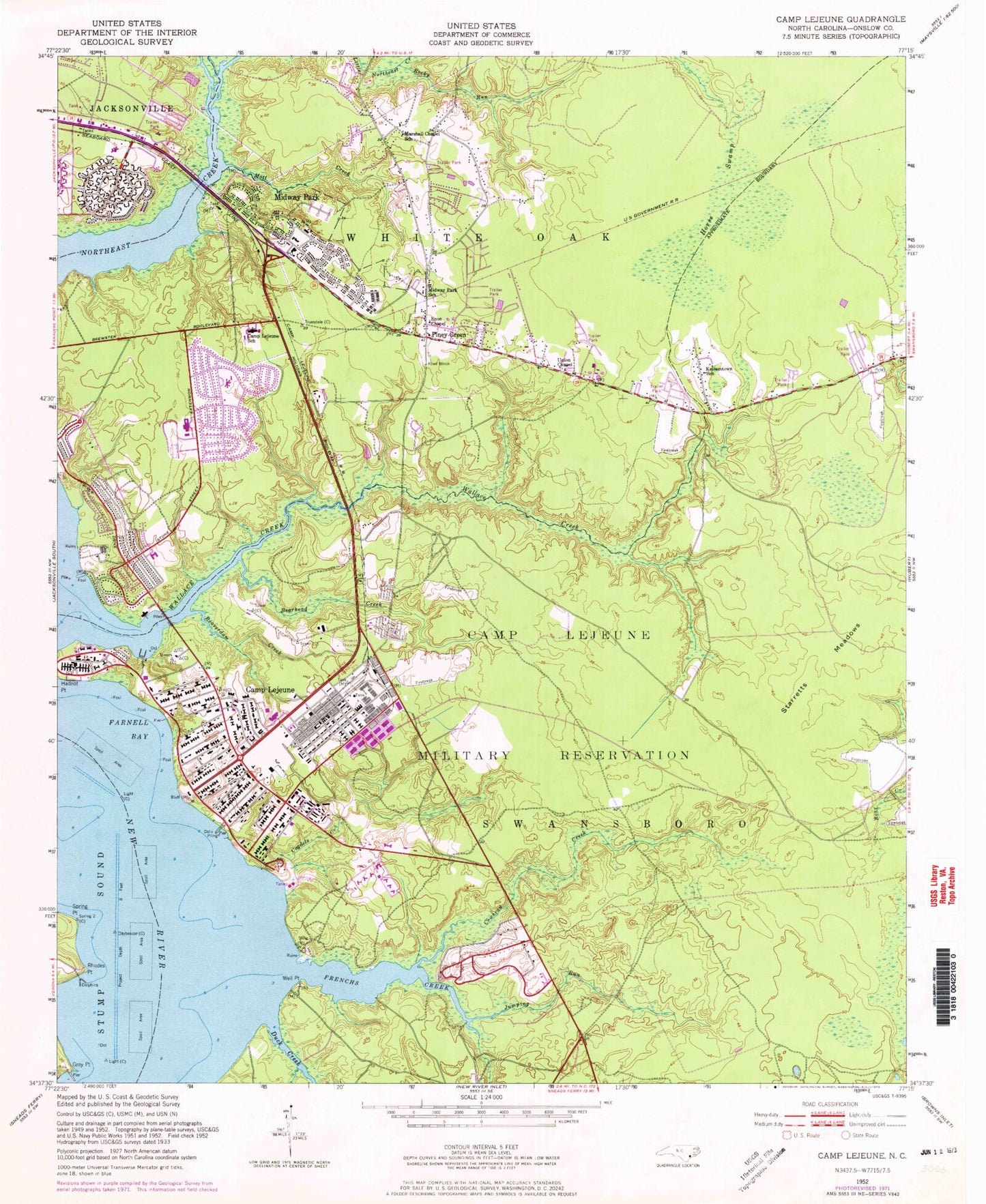 Classic USGS Camp Lejeune North Carolina 7.5'x7.5' Topo Map Image