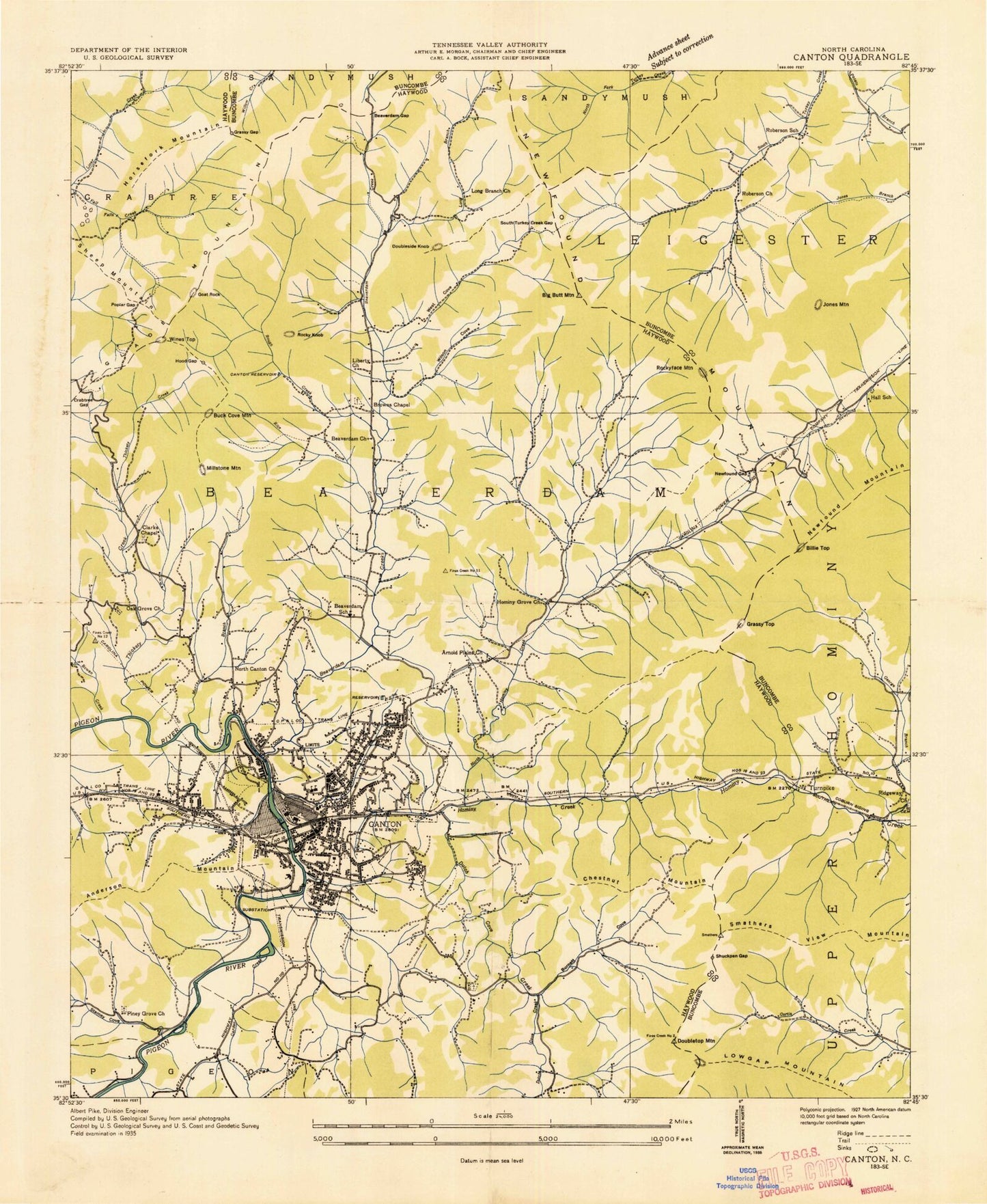 Classic USGS Canton North Carolina 7.5'x7.5' Topo Map Image
