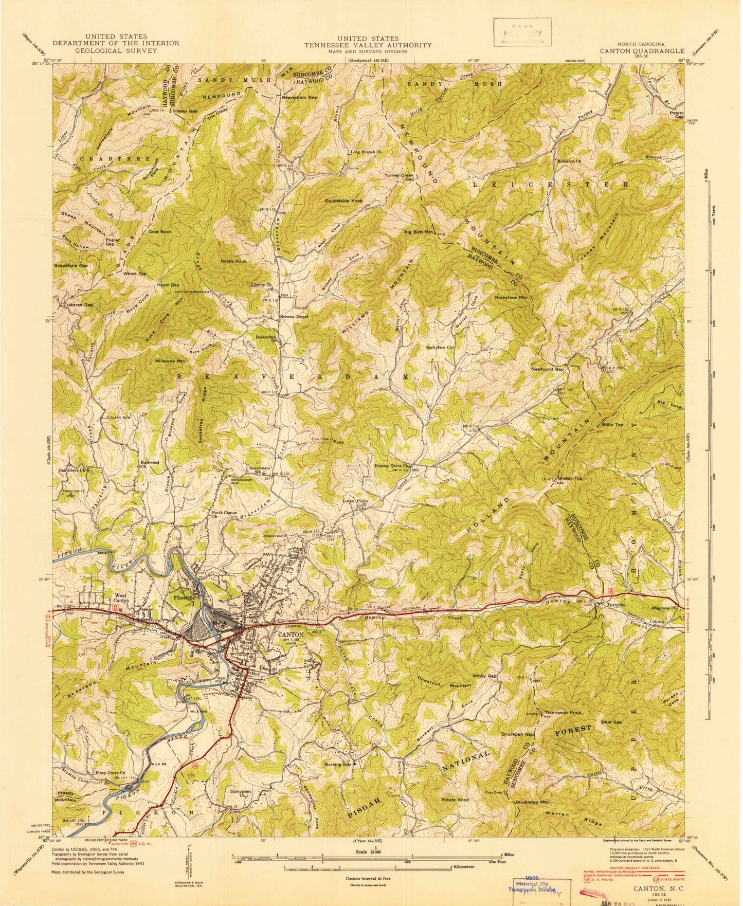Classic USGS Canton North Carolina 7.5'x7.5' Topo Map Image