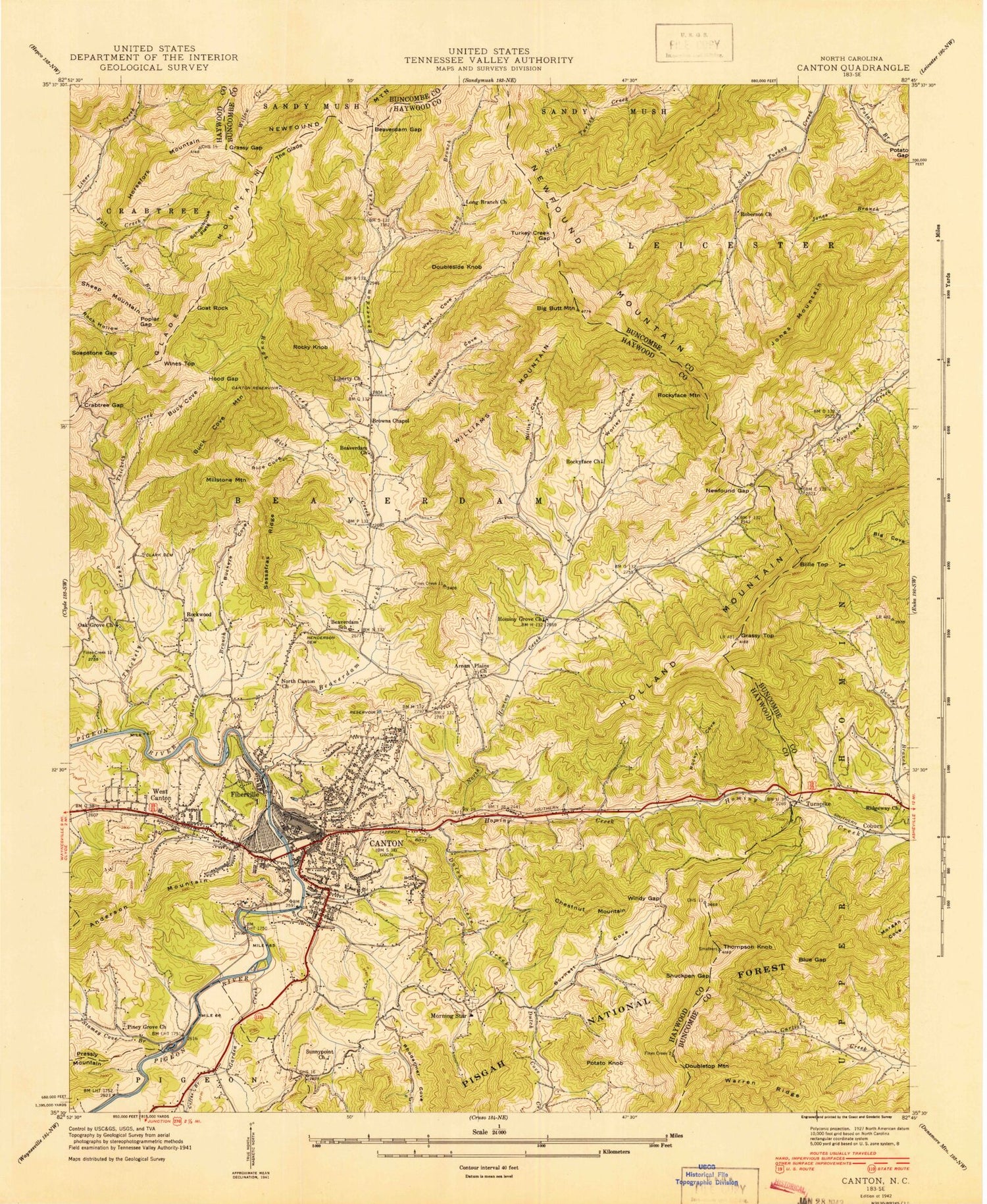 Classic USGS Canton North Carolina 7.5'x7.5' Topo Map Image
