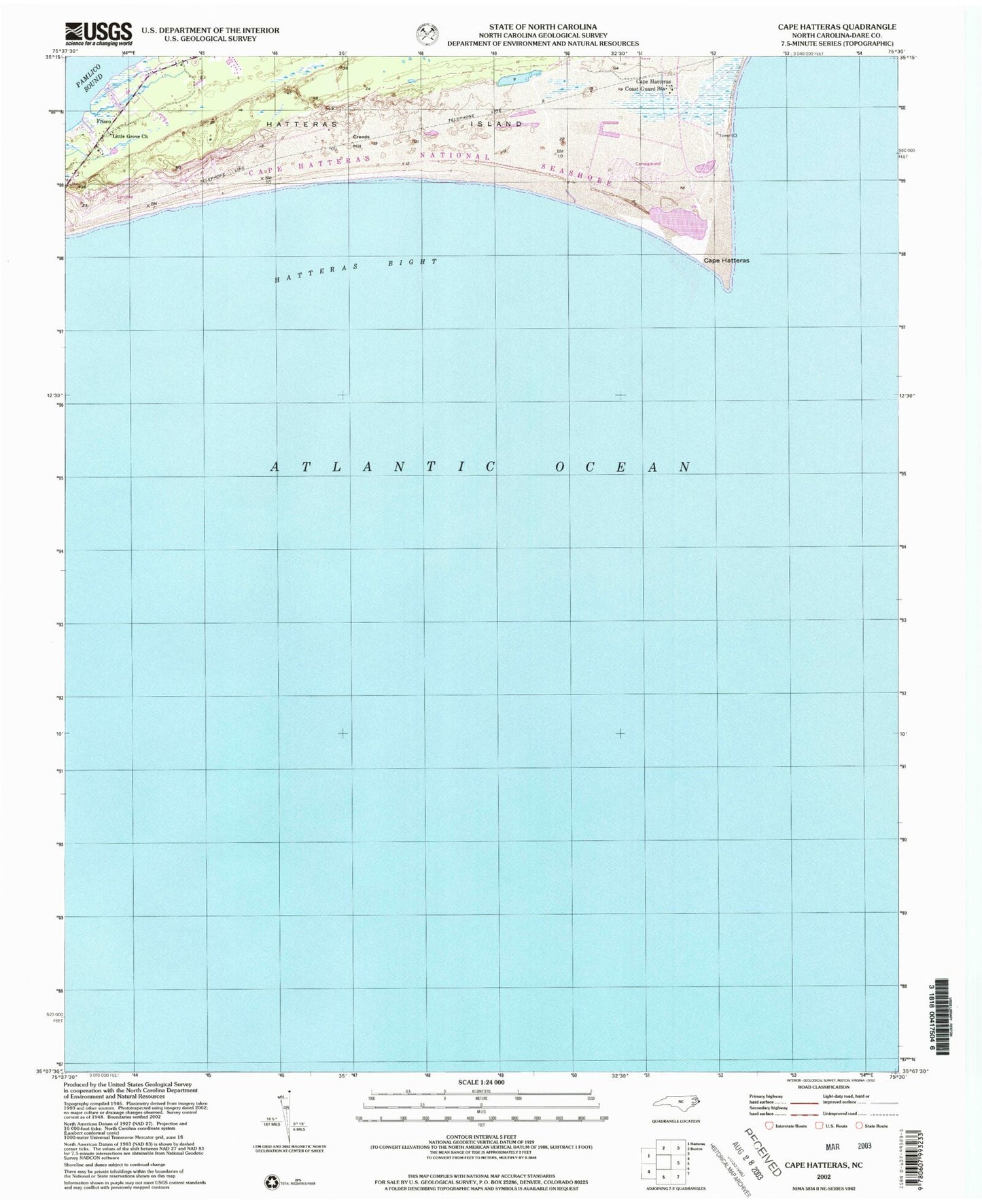 Classic USGS Cape Hatteras North Carolina 7.5'x7.5' Topo Map Image