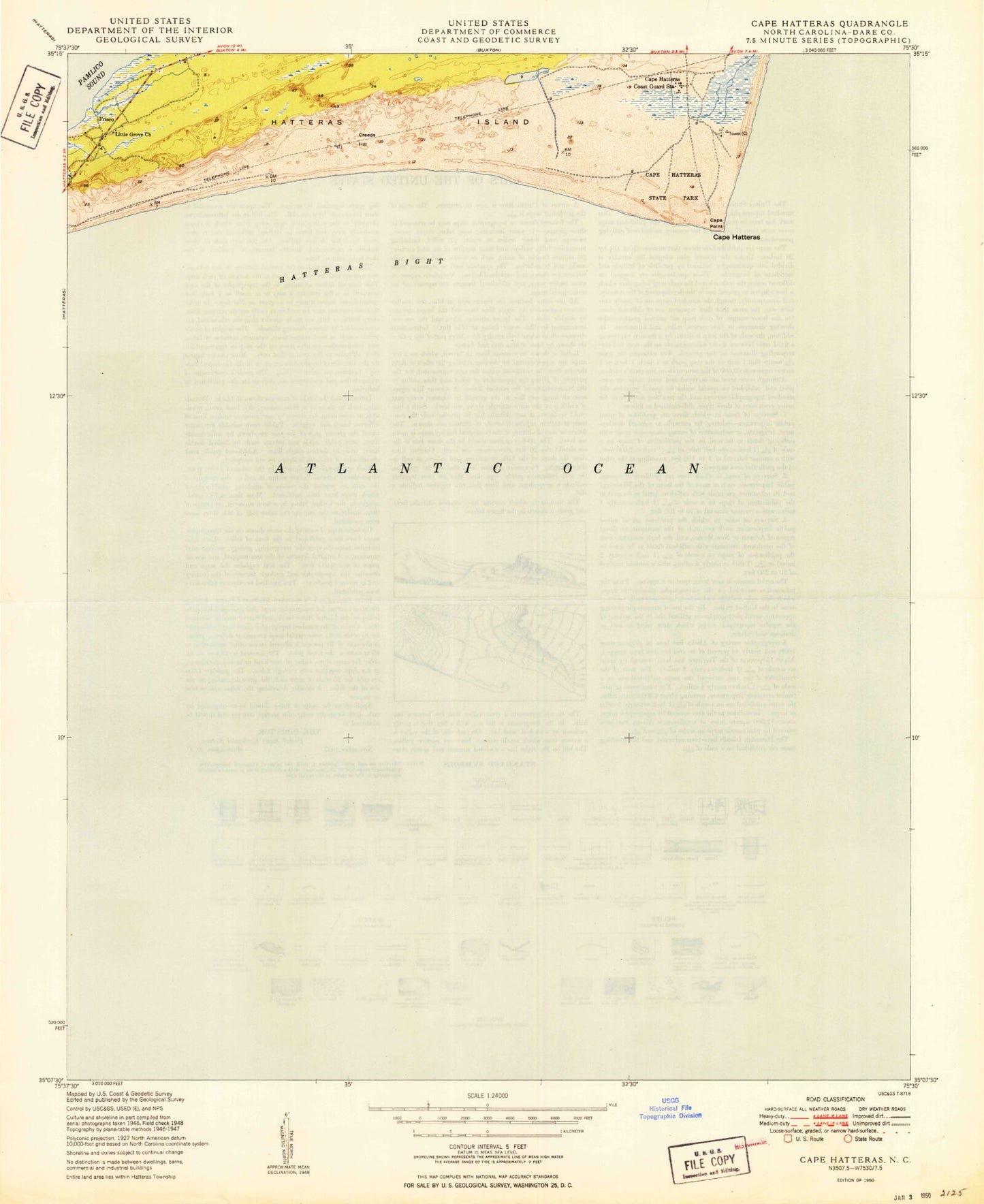 Classic USGS Cape Hatteras North Carolina 7.5'x7.5' Topo Map Image