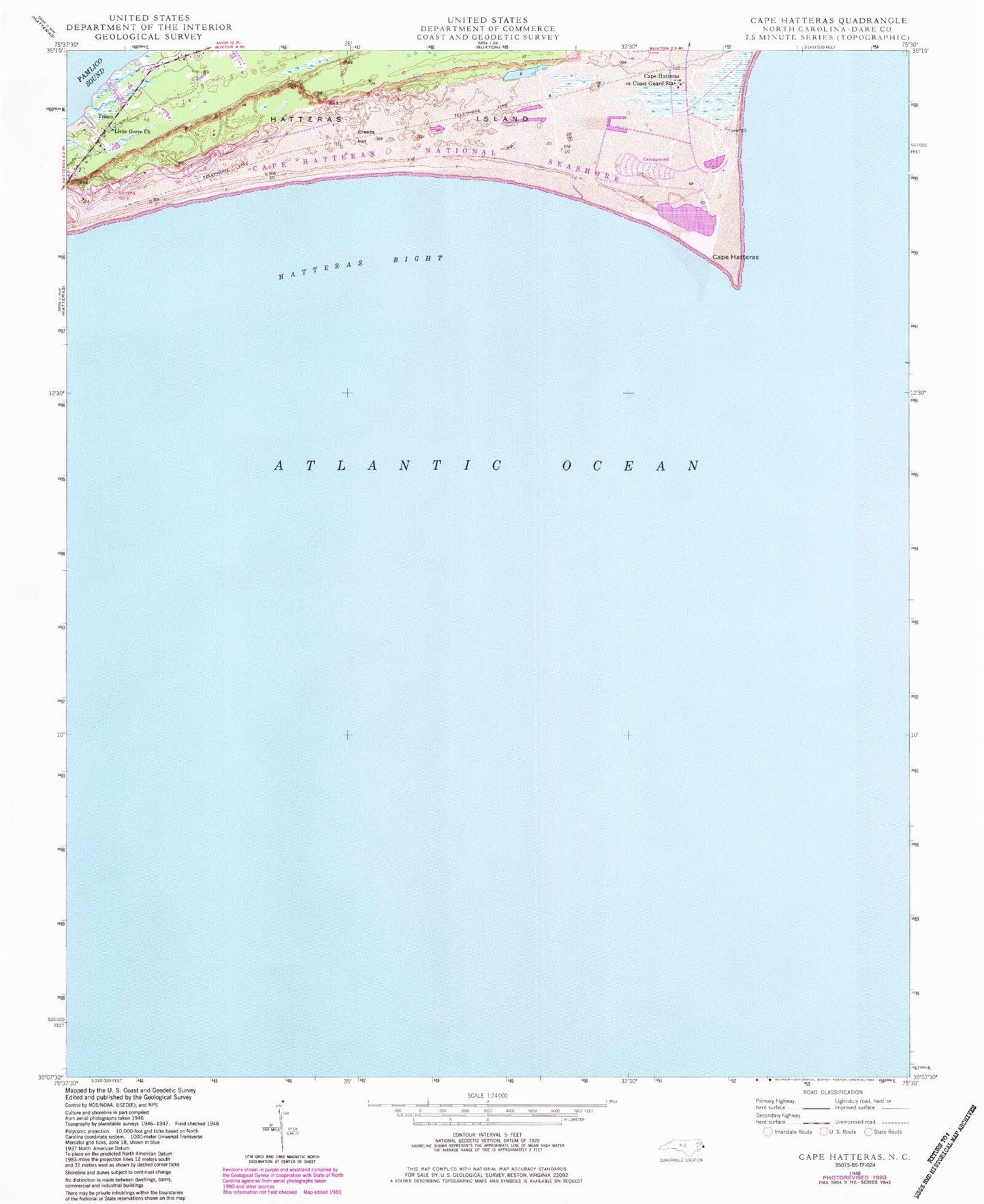 Classic USGS Cape Hatteras North Carolina 7.5'x7.5' Topo Map Image