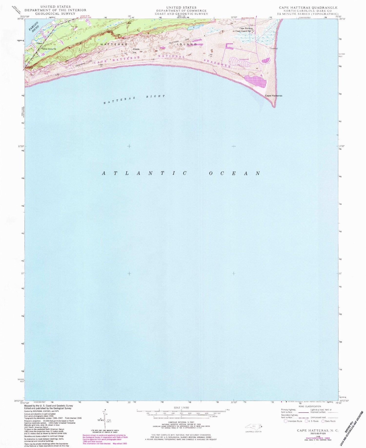 Classic USGS Cape Hatteras North Carolina 7.5'x7.5' Topo Map Image