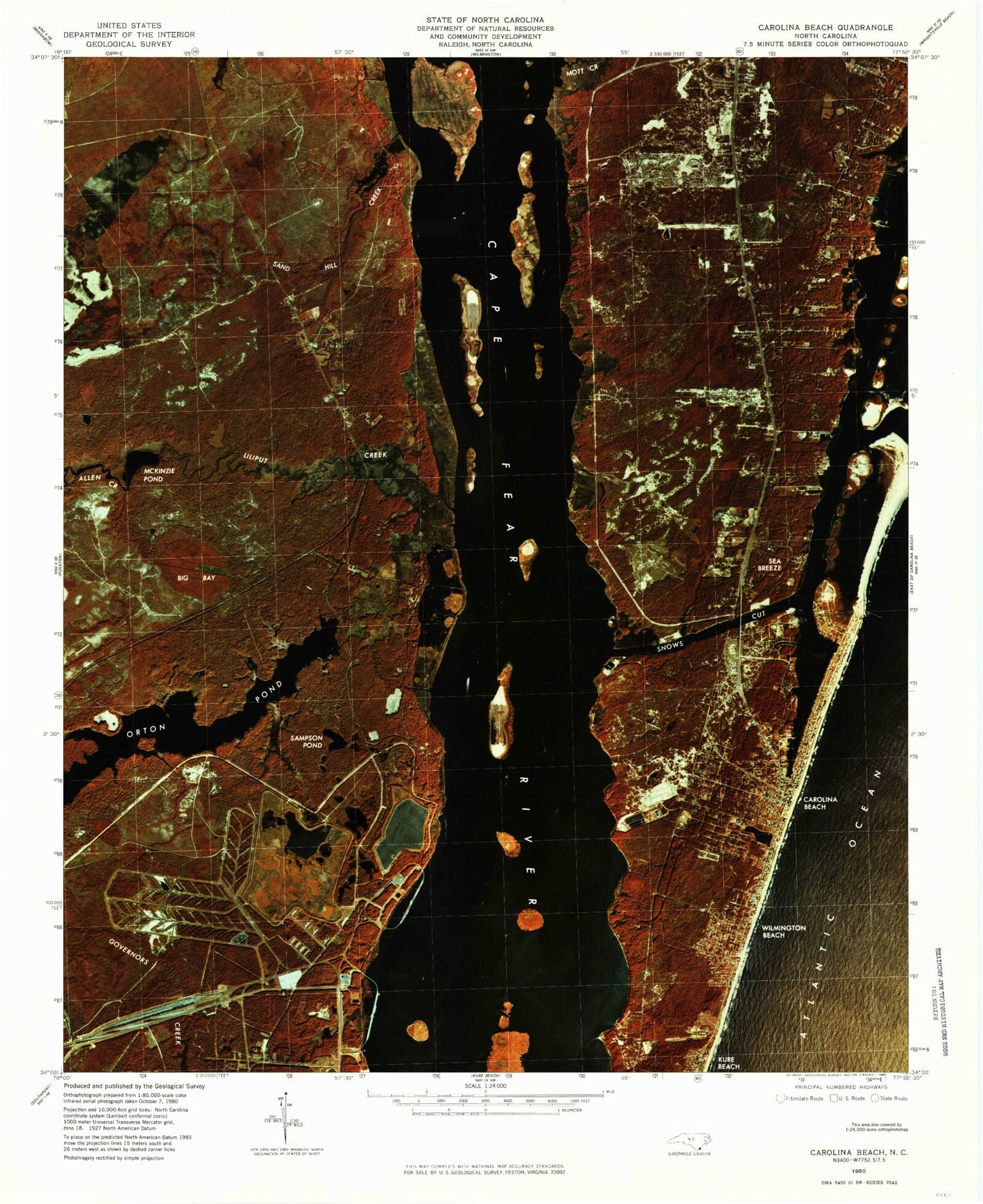 Classic USGS Carolina Beach North Carolina 7.5'x7.5' Topo Map Image