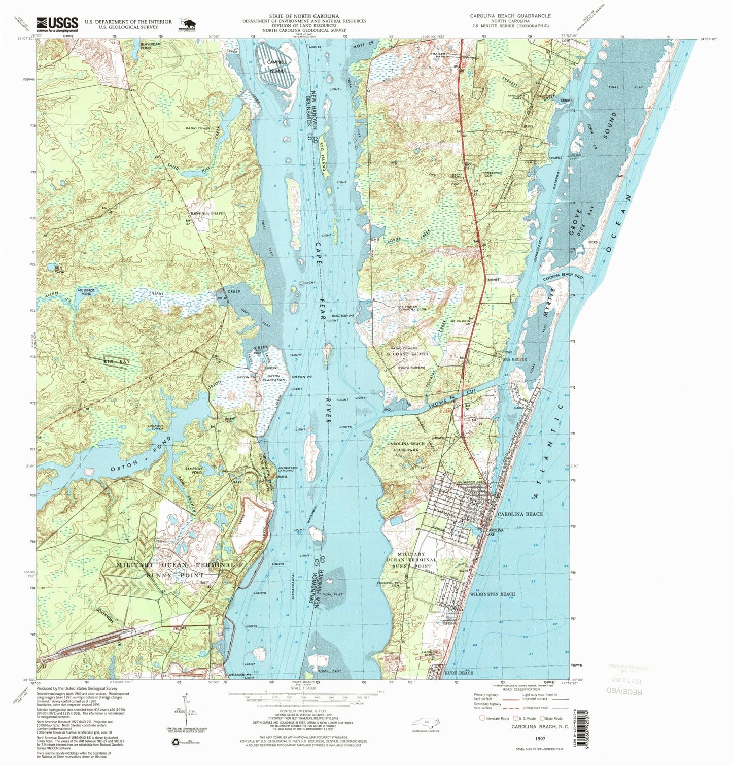 Classic USGS Carolina Beach North Carolina 7.5'x7.5' Topo Map Image