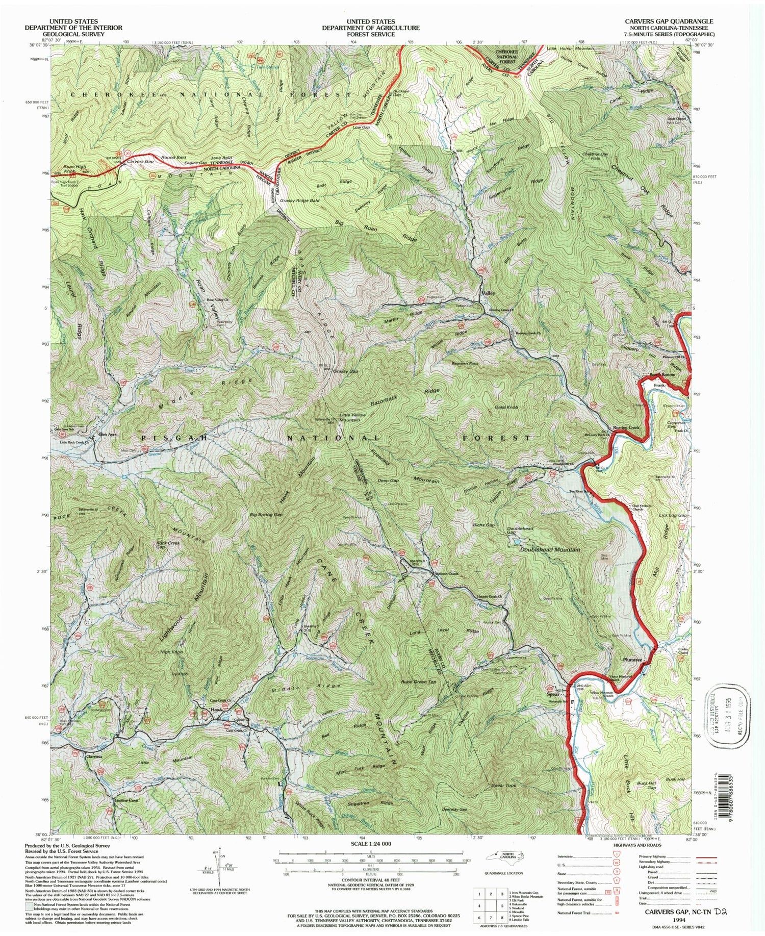 Classic USGS Carvers Gap North Carolina 7.5'x7.5' Topo Map Image