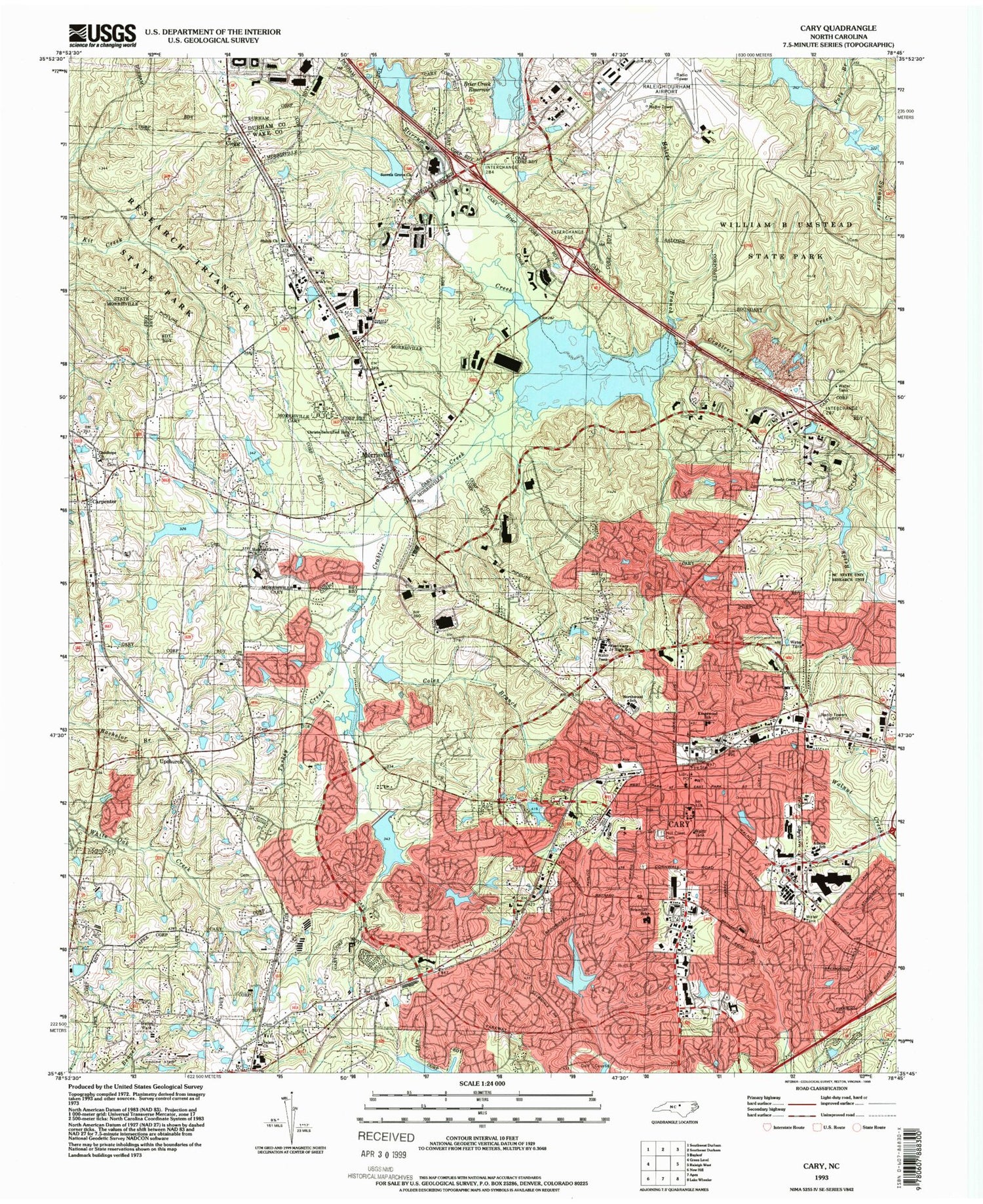 USGS Classic Cary North Carolina 7.5'x7.5' Topo Map Image