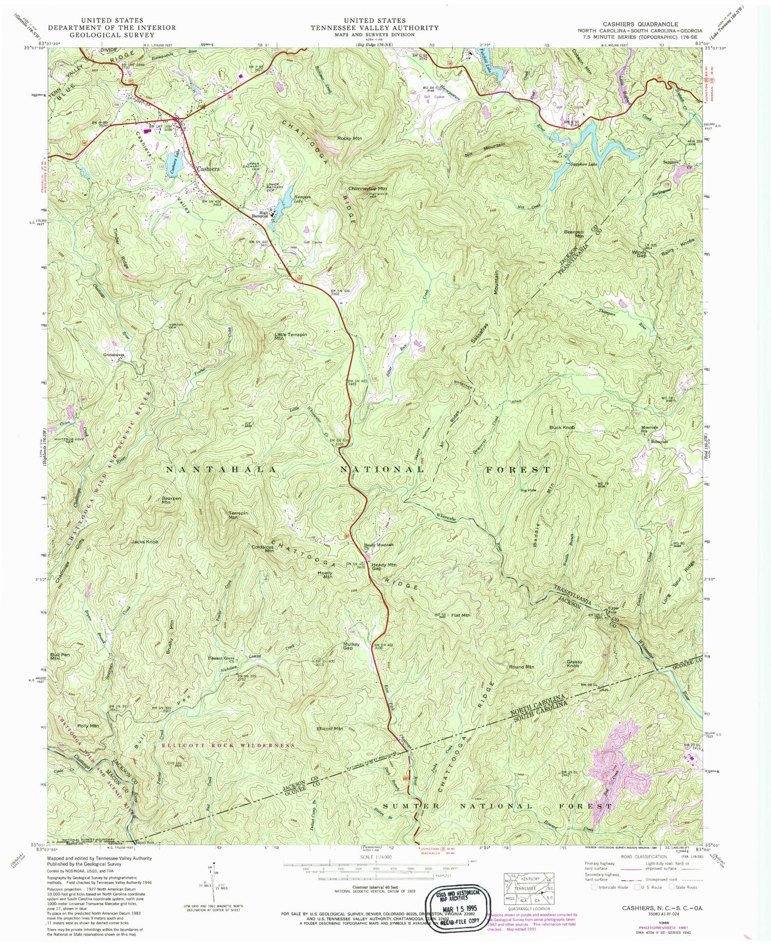 Classic USGS Cashiers North Carolina 7.5'x7.5' Topo Map Image