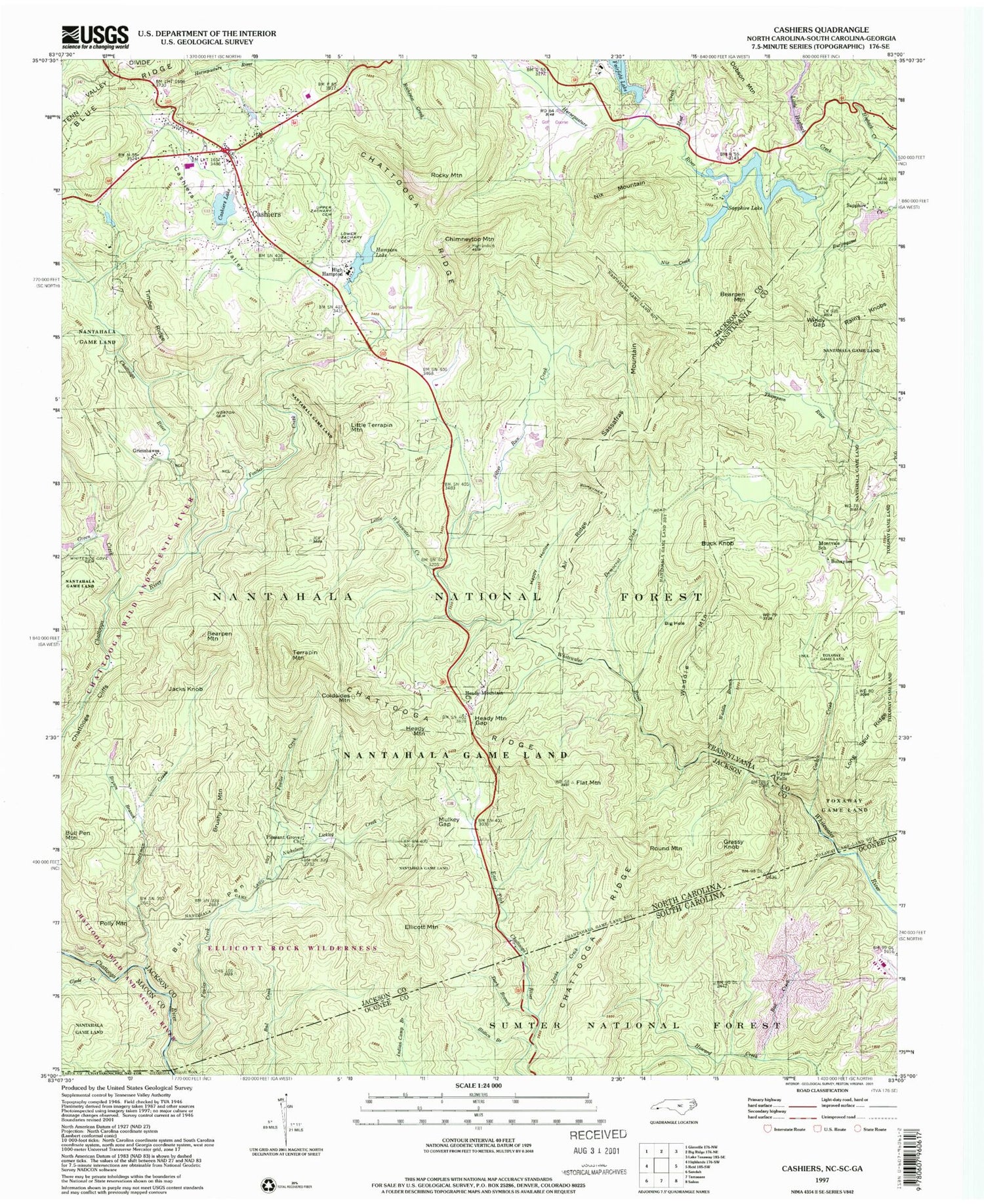Classic USGS Cashiers North Carolina 7.5'x7.5' Topo Map Image
