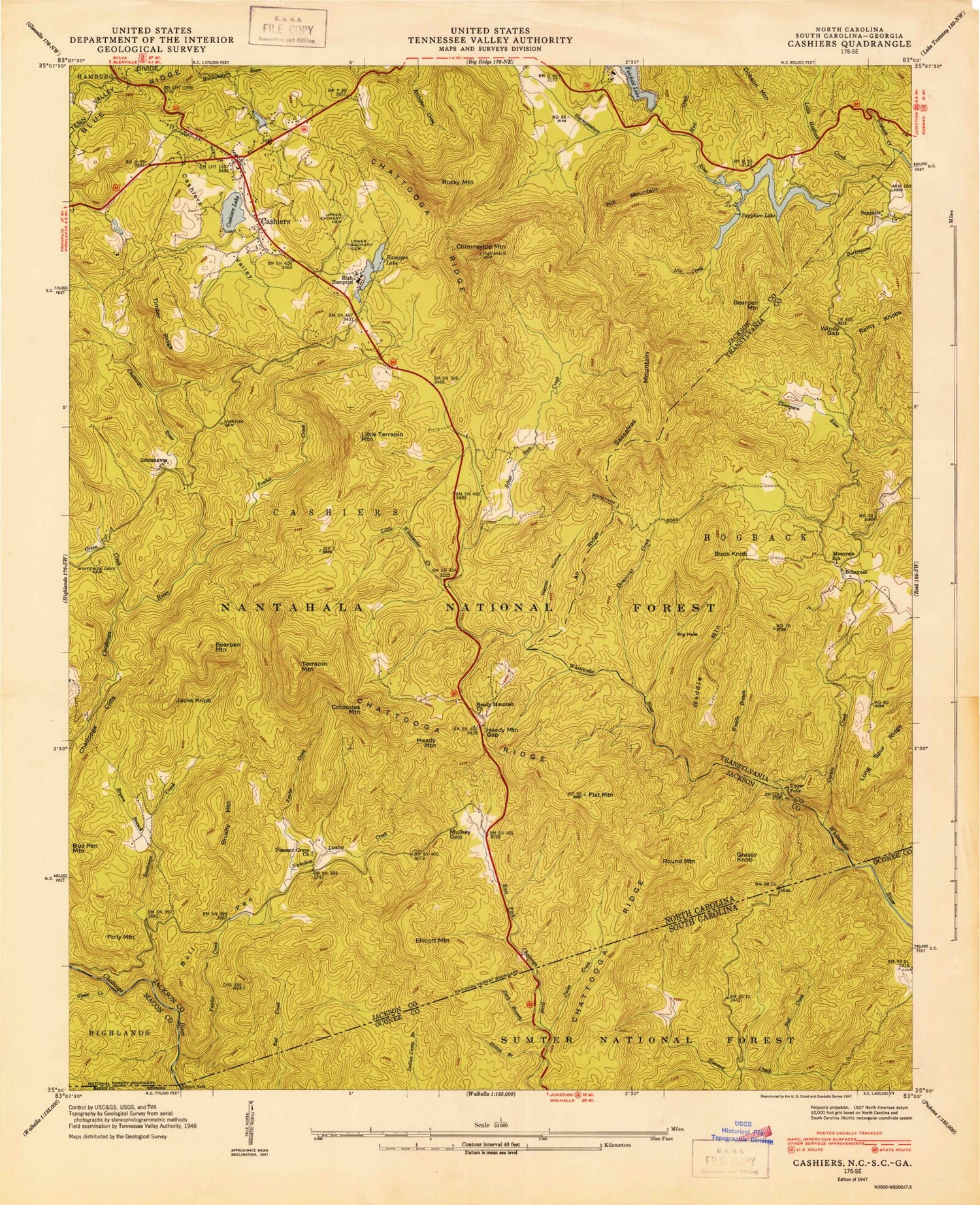 Classic USGS Cashiers North Carolina 7.5'x7.5' Topo Map Image