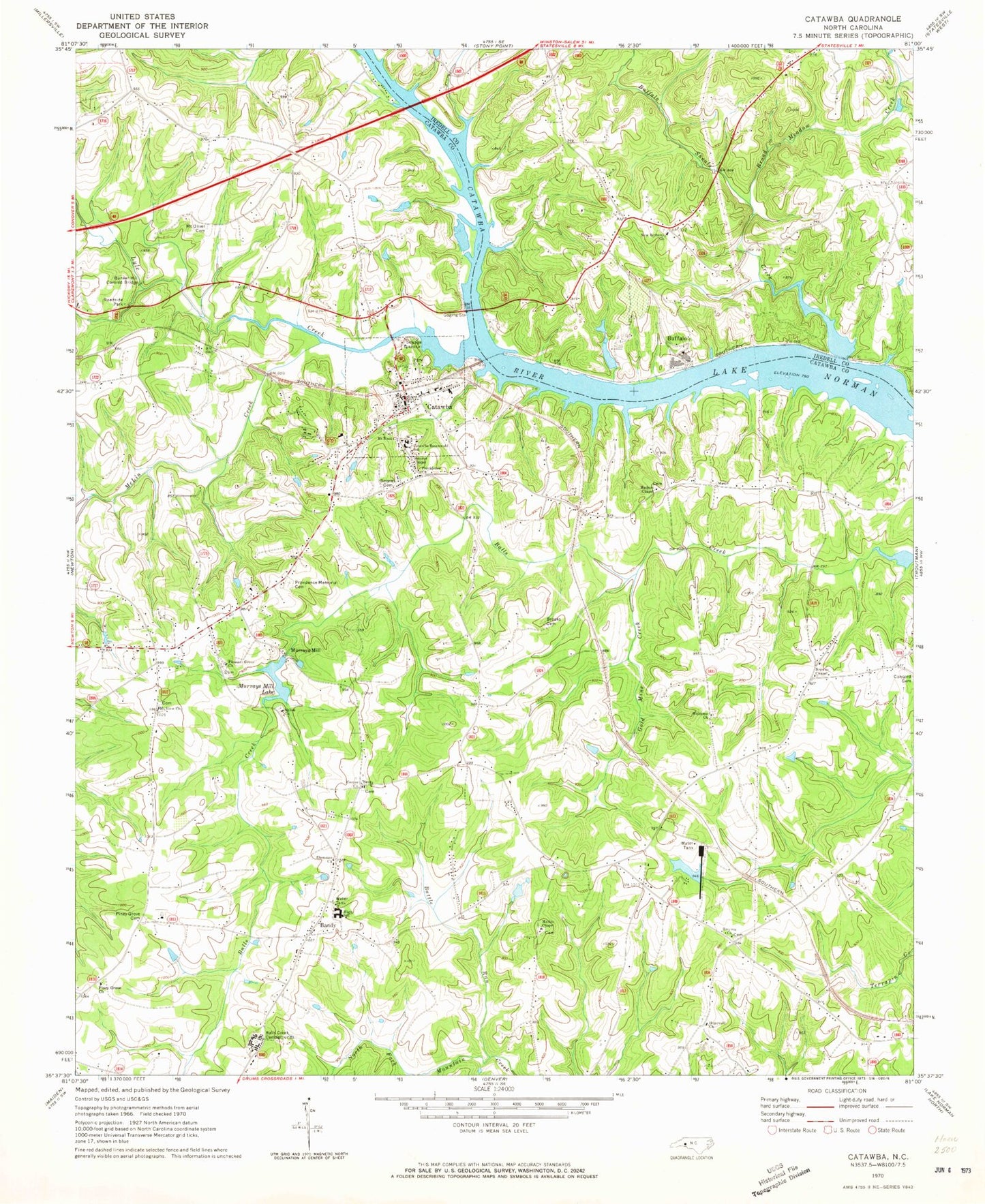 Classic USGS Catawba North Carolina 7.5'x7.5' Topo Map Image