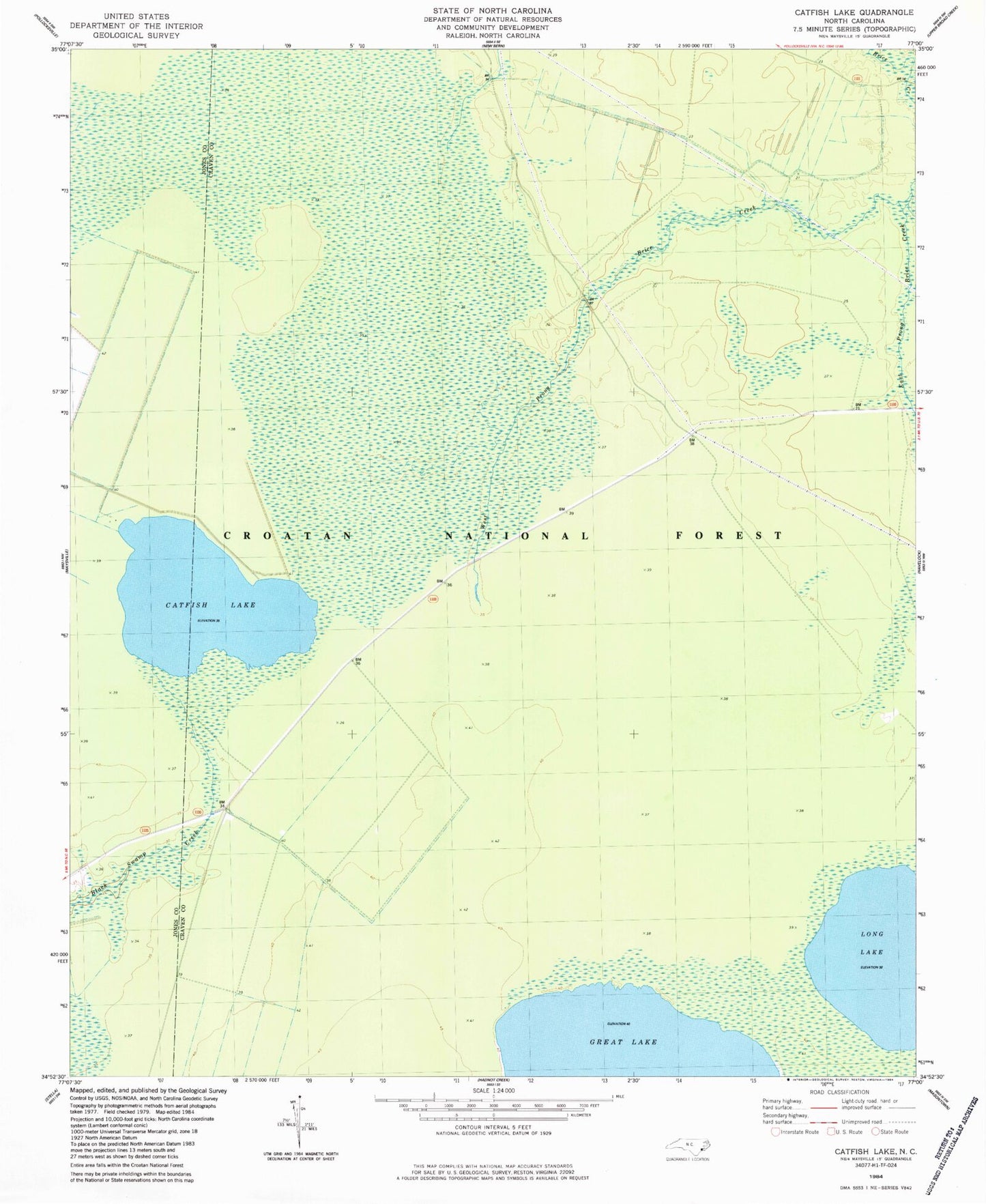 Classic USGS Catfish Lake North Carolina 7.5'x7.5' Topo Map Image