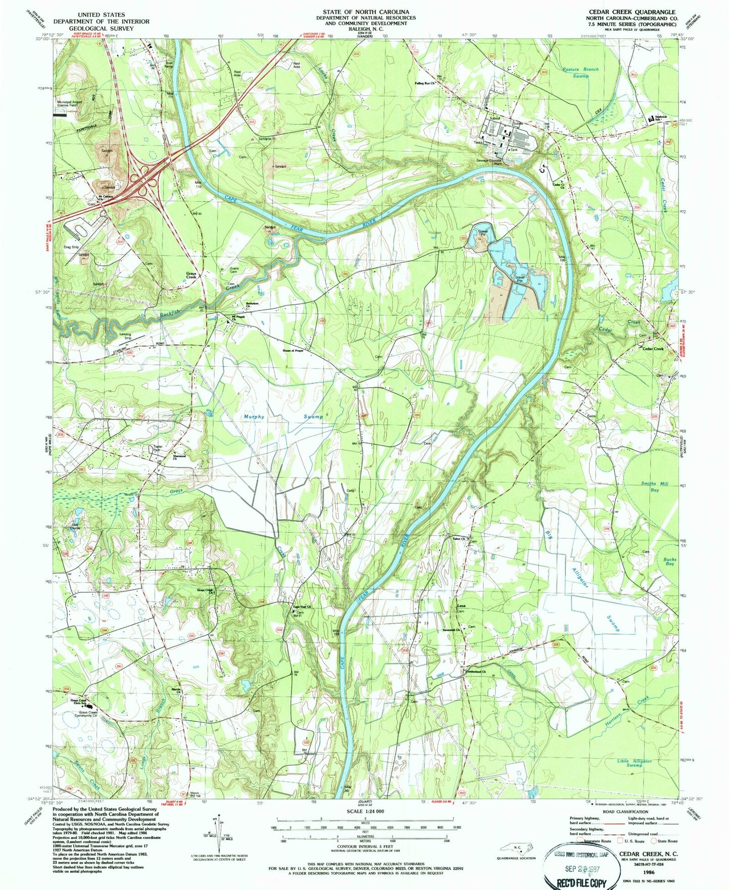 Classic USGS Cedar Creek North Carolina 7.5'x7.5' Topo Map Image