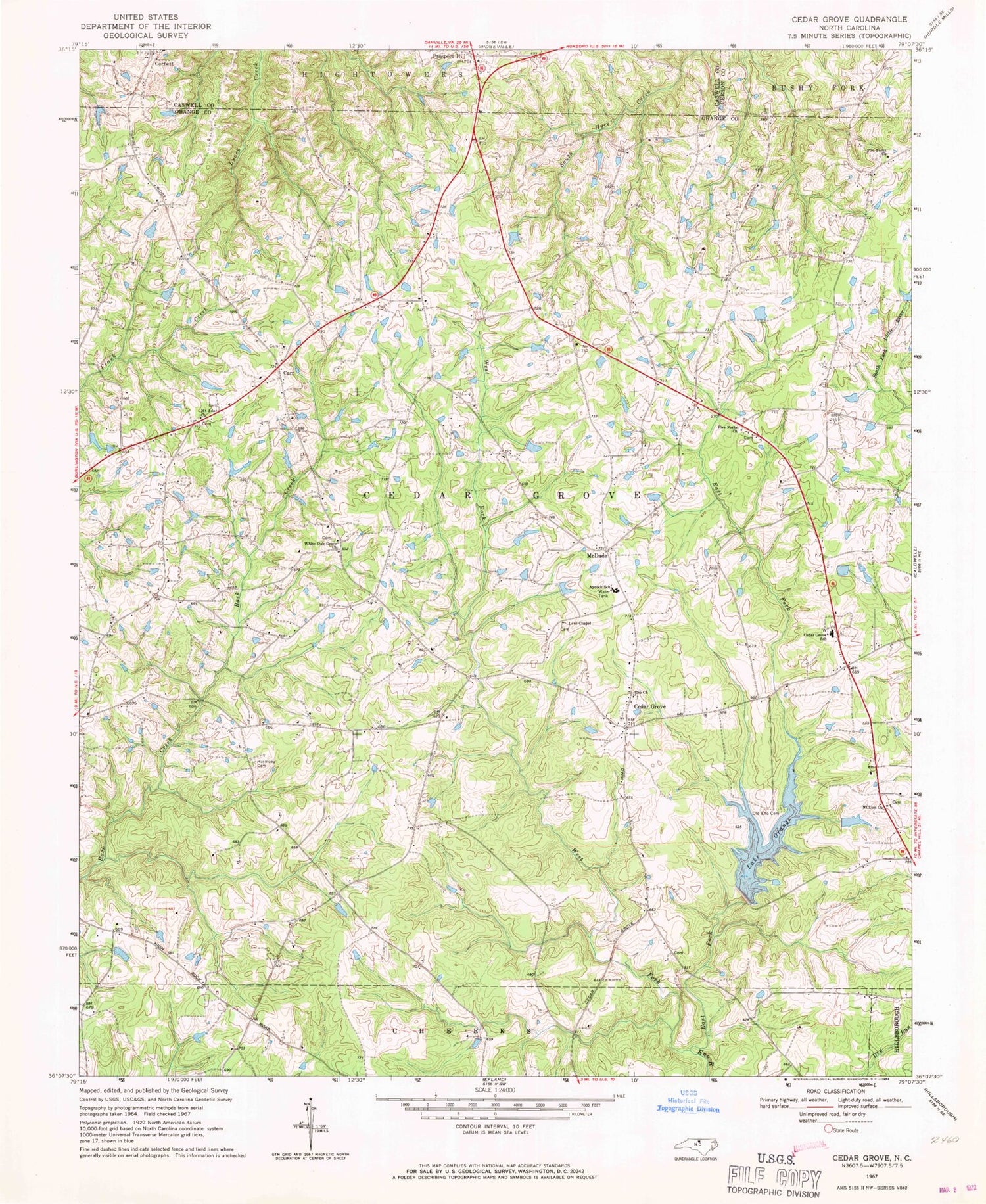 Classic USGS Cedar Grove North Carolina 7.5'x7.5' Topo Map Image