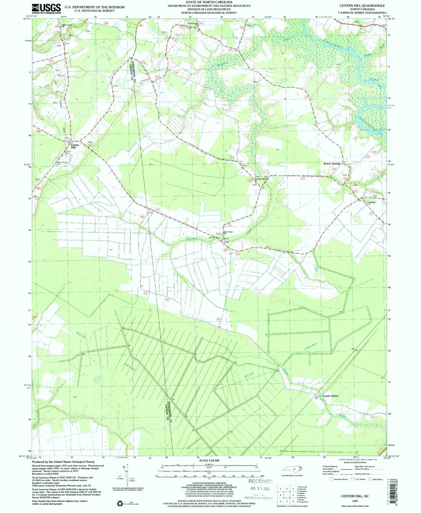 Classic USGS Center Hill North Carolina 7.5'x7.5' Topo Map Image
