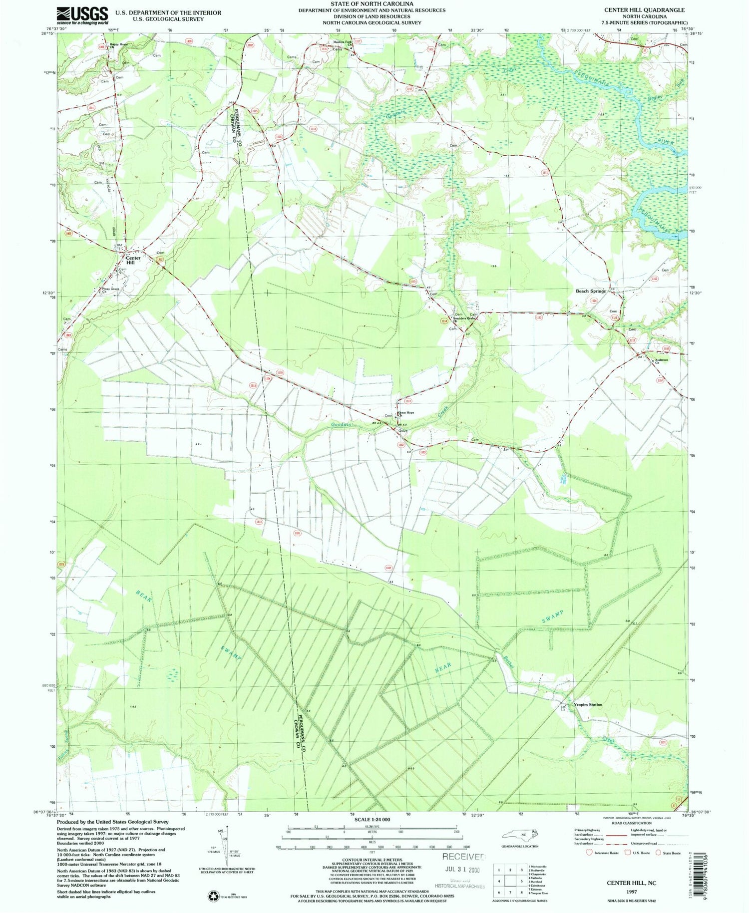 Classic USGS Center Hill North Carolina 7.5'x7.5' Topo Map Image