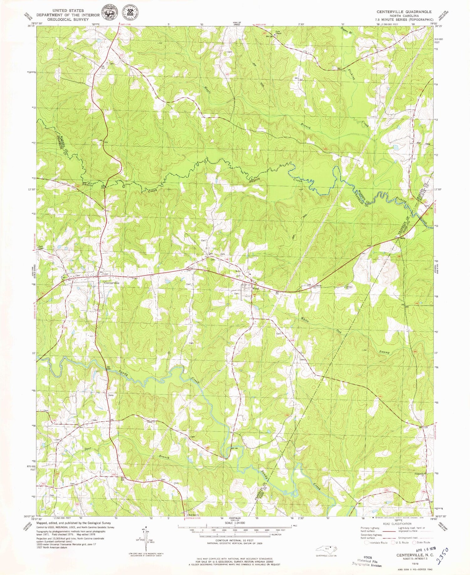 Classic USGS Centerville North Carolina 7.5'x7.5' Topo Map Image
