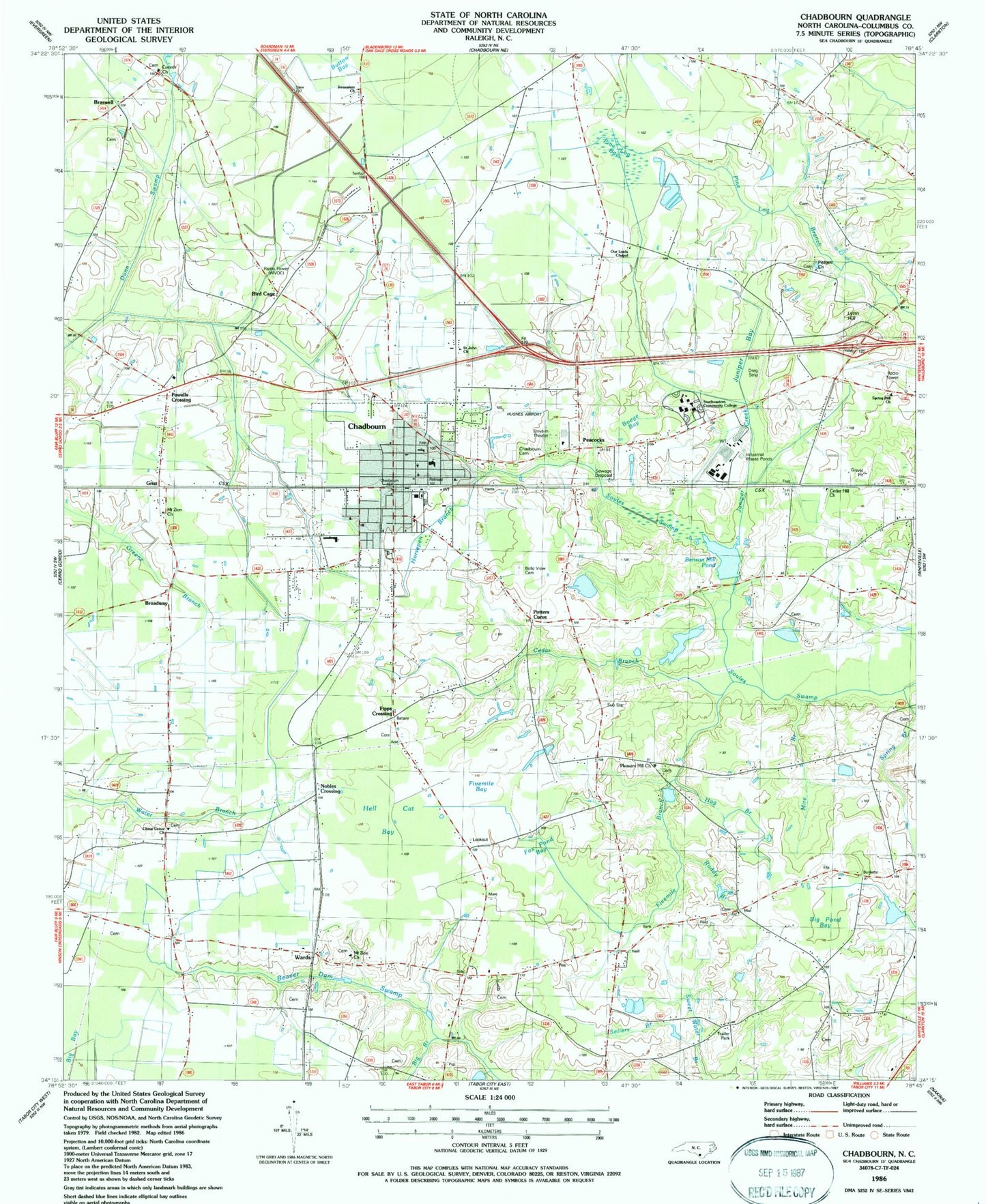 Classic USGS Chadbourn North Carolina 7.5'x7.5' Topo Map Image