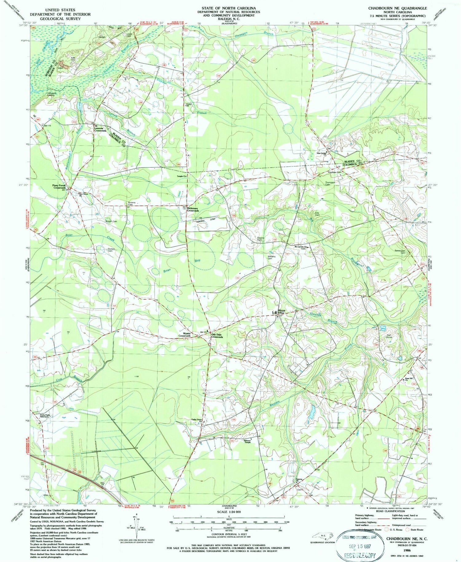 Classic USGS Chadbourn NE North Carolina 7.5'x7.5' Topo Map Image