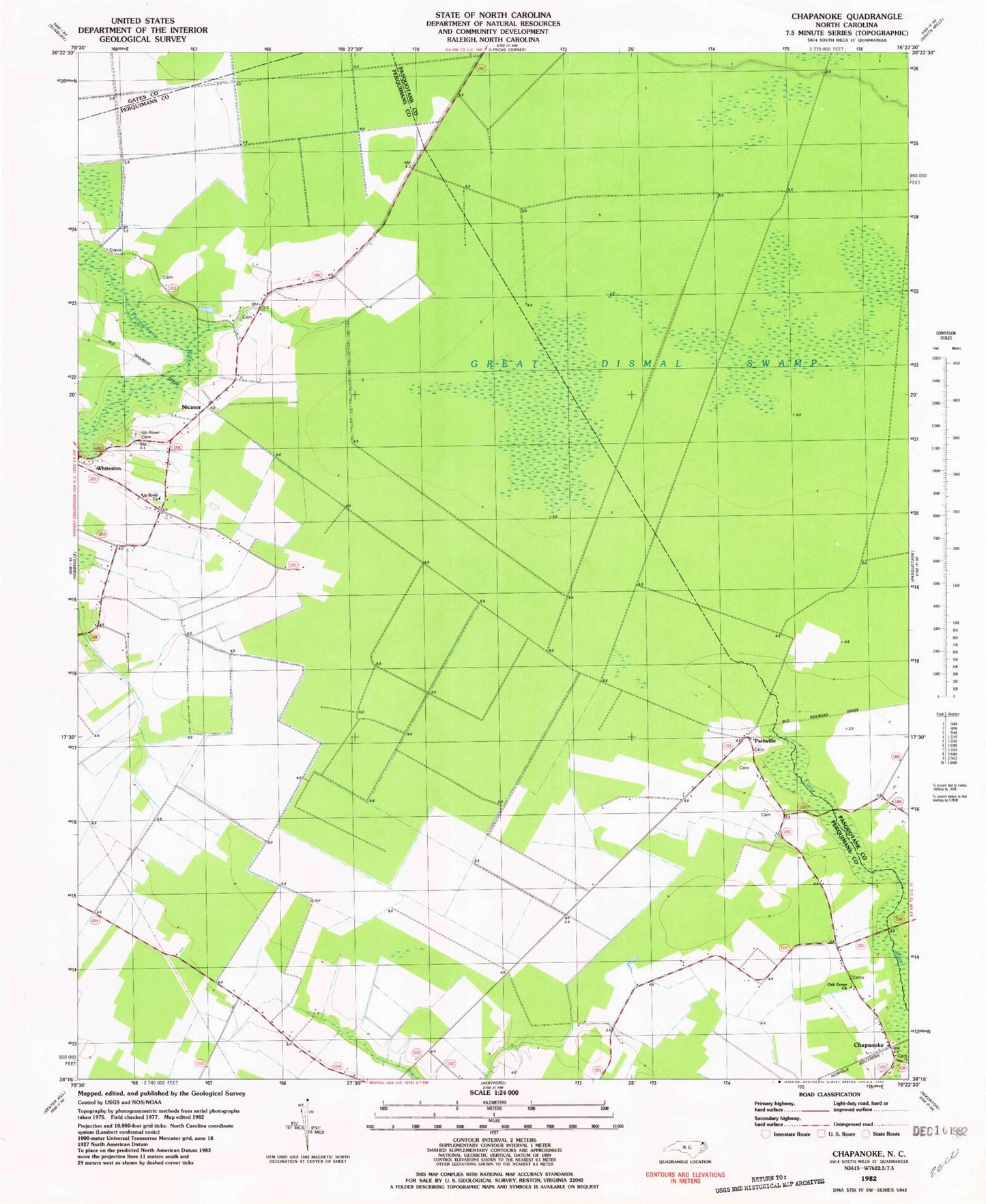 Classic USGS Chapanoke North Carolina 7.5'x7.5' Topo Map Image