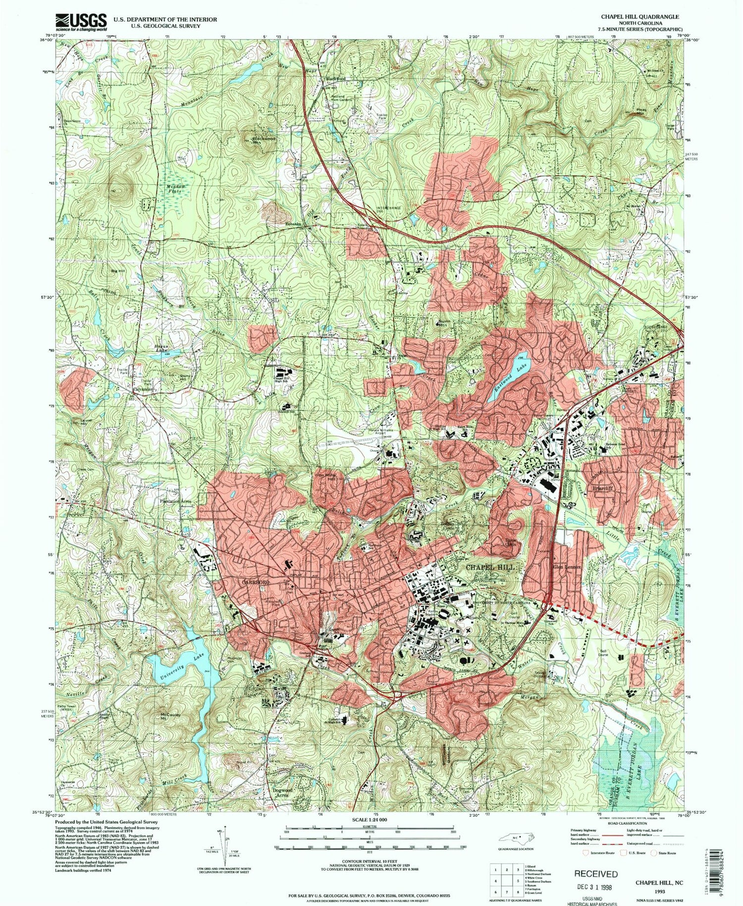Classic USGS Chapel Hill North Carolina 7.5'x7.5' Topo Map Image
