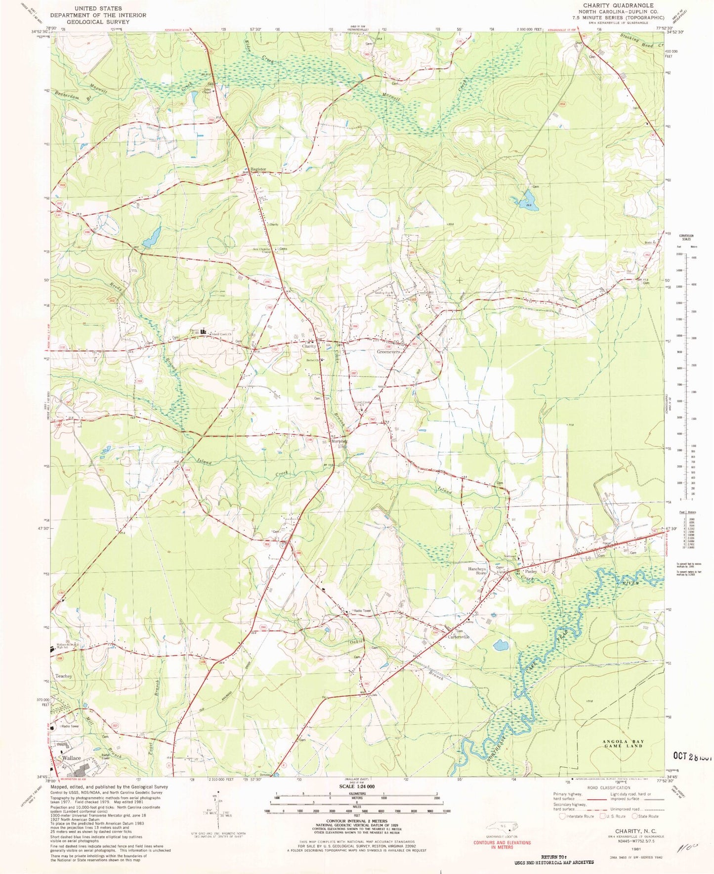 Classic USGS Charity North Carolina 7.5'x7.5' Topo Map Image