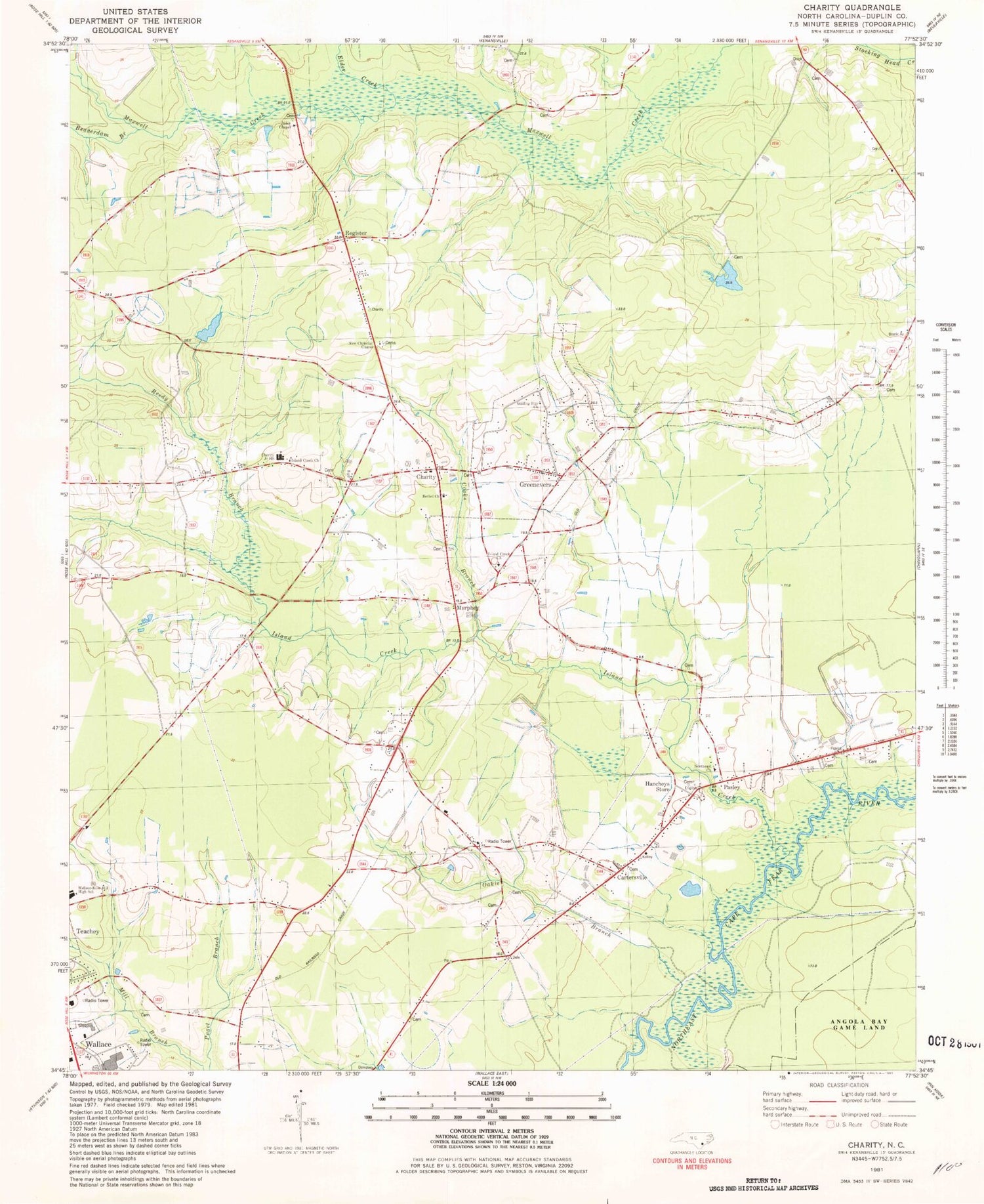 Classic USGS Charity North Carolina 7.5'x7.5' Topo Map Image