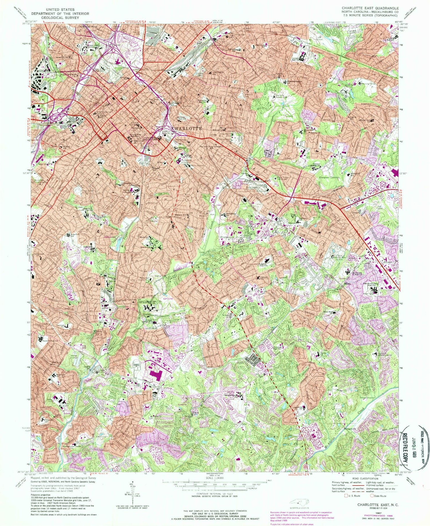 Classic USGS Charlotte East North Carolina 7.5'x7.5' Topo Map Image