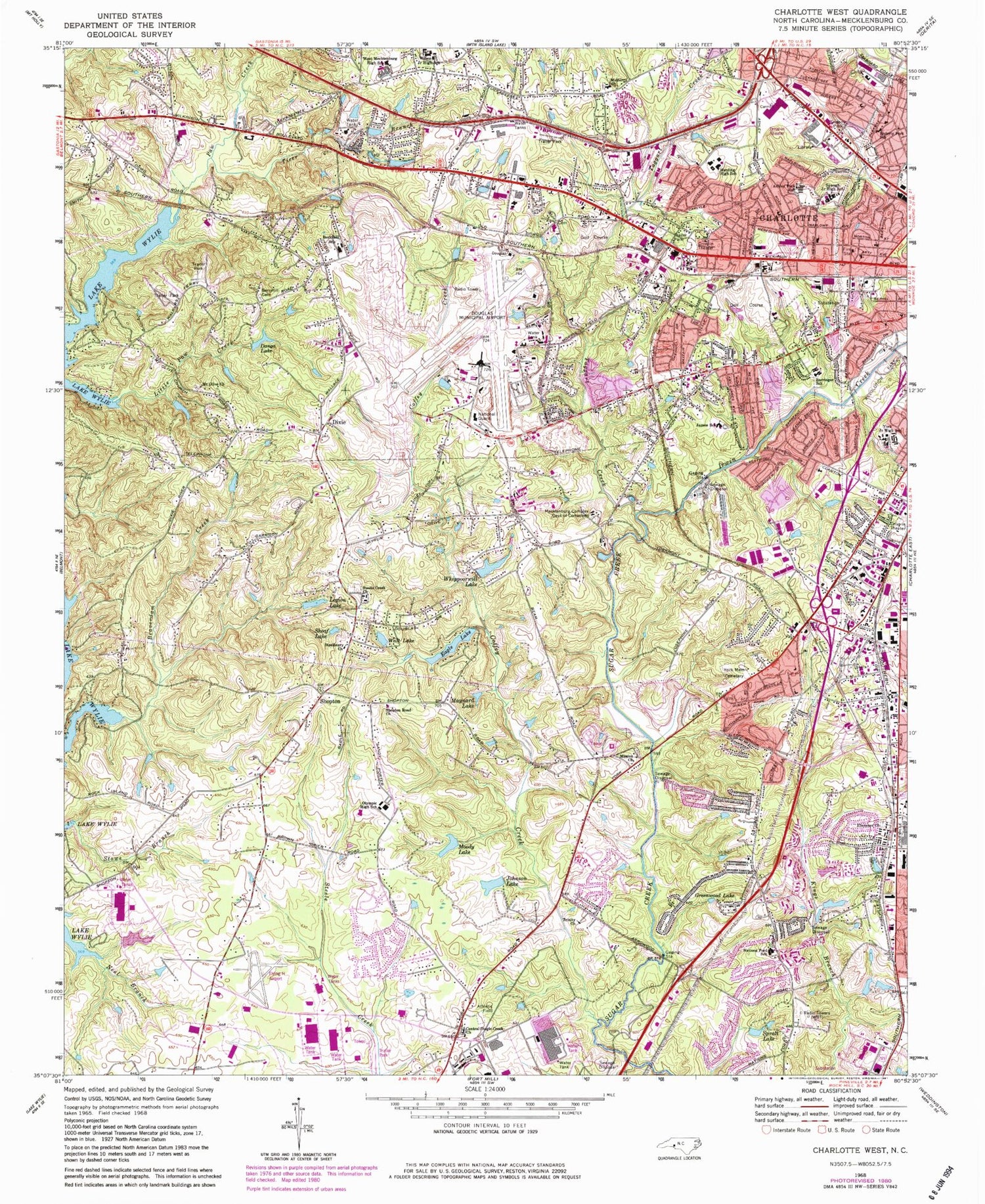 Classic USGS Charlotte West North Carolina 7.5'x7.5' Topo Map Image