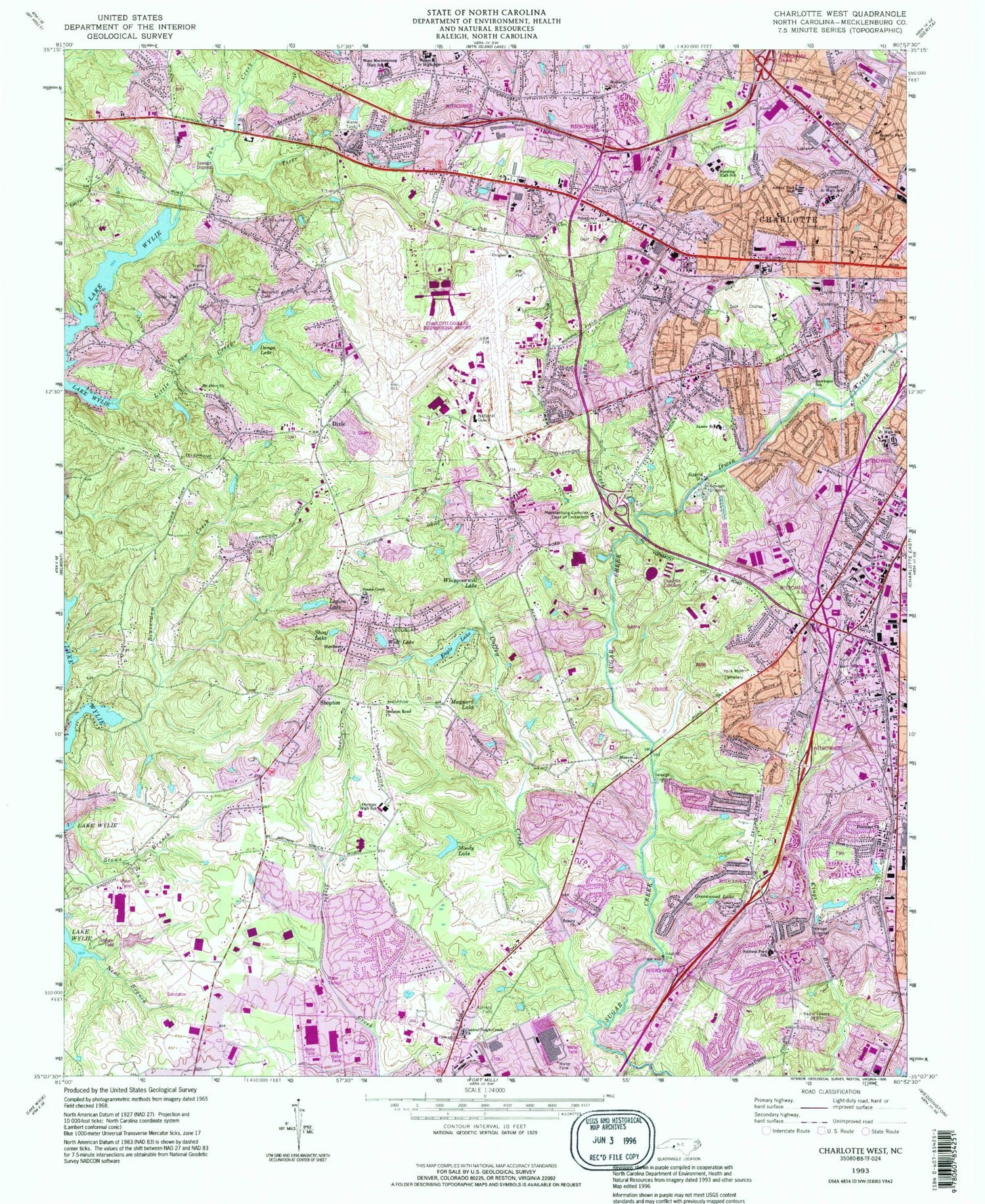Classic USGS Charlotte West North Carolina 7.5'x7.5' Topo Map Image