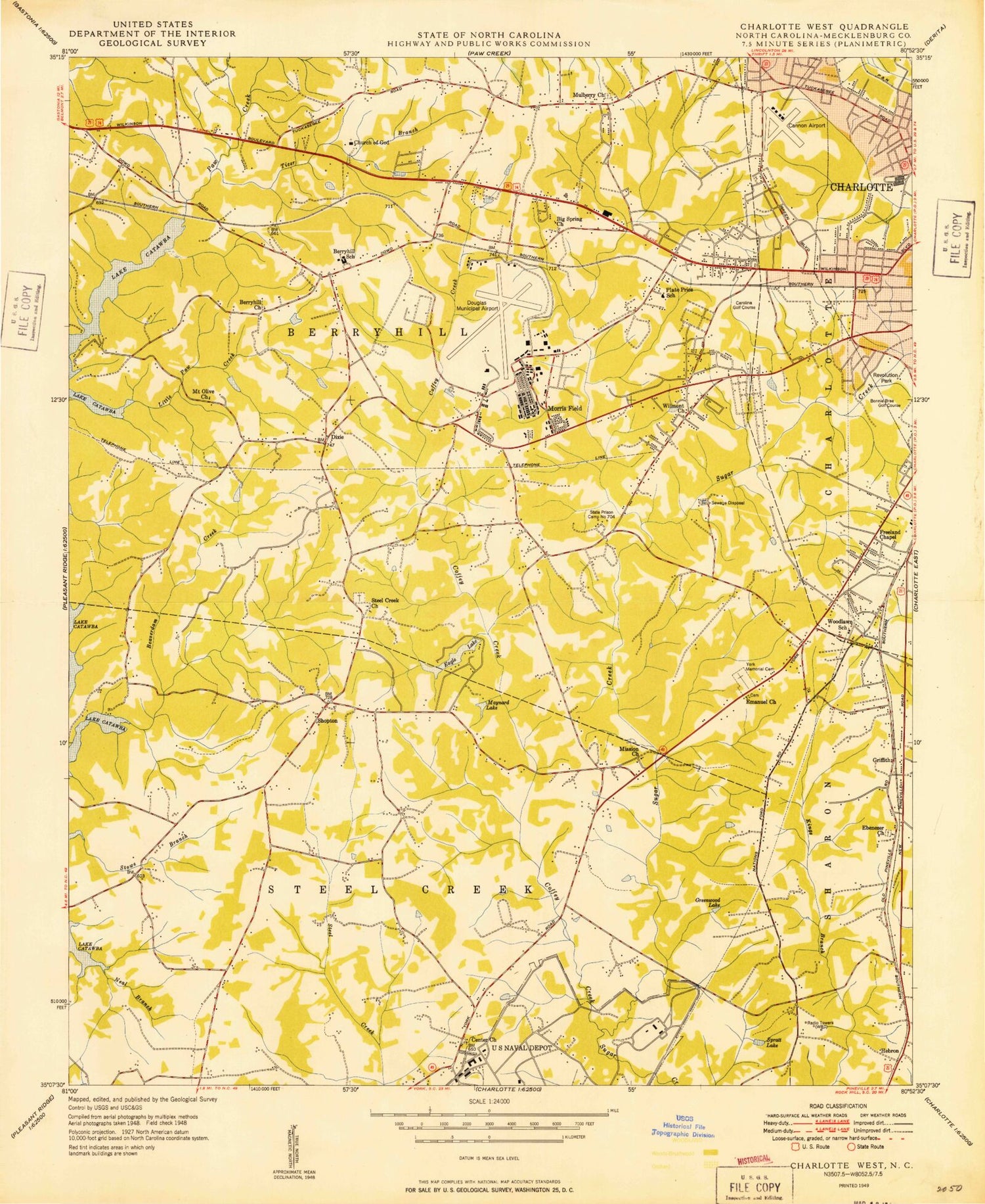 Classic USGS Charlotte West North Carolina 7.5'x7.5' Topo Map Image