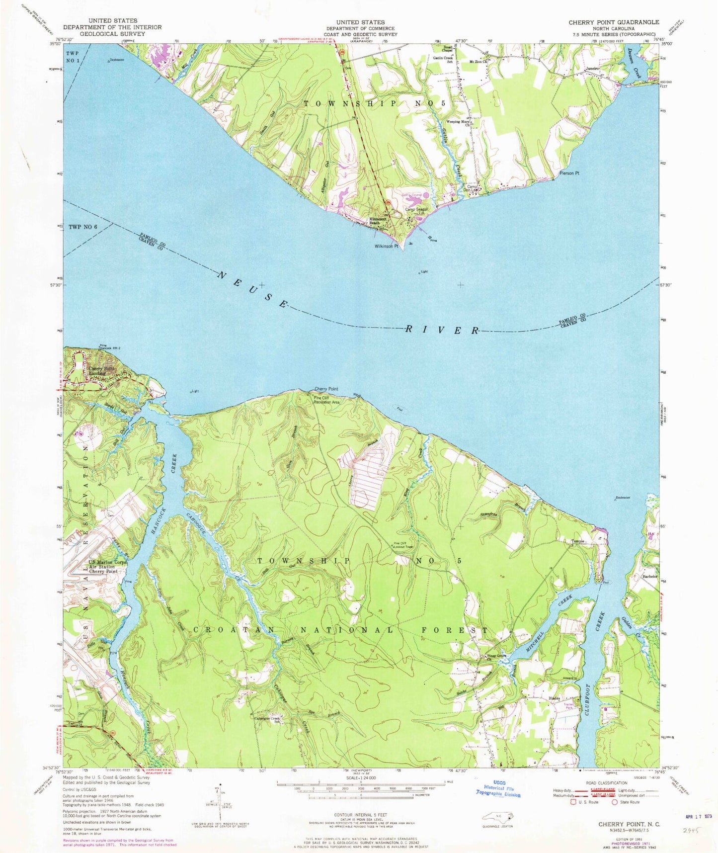 Classic USGS Cherry Point North Carolina 7.5'x7.5' Topo Map Image