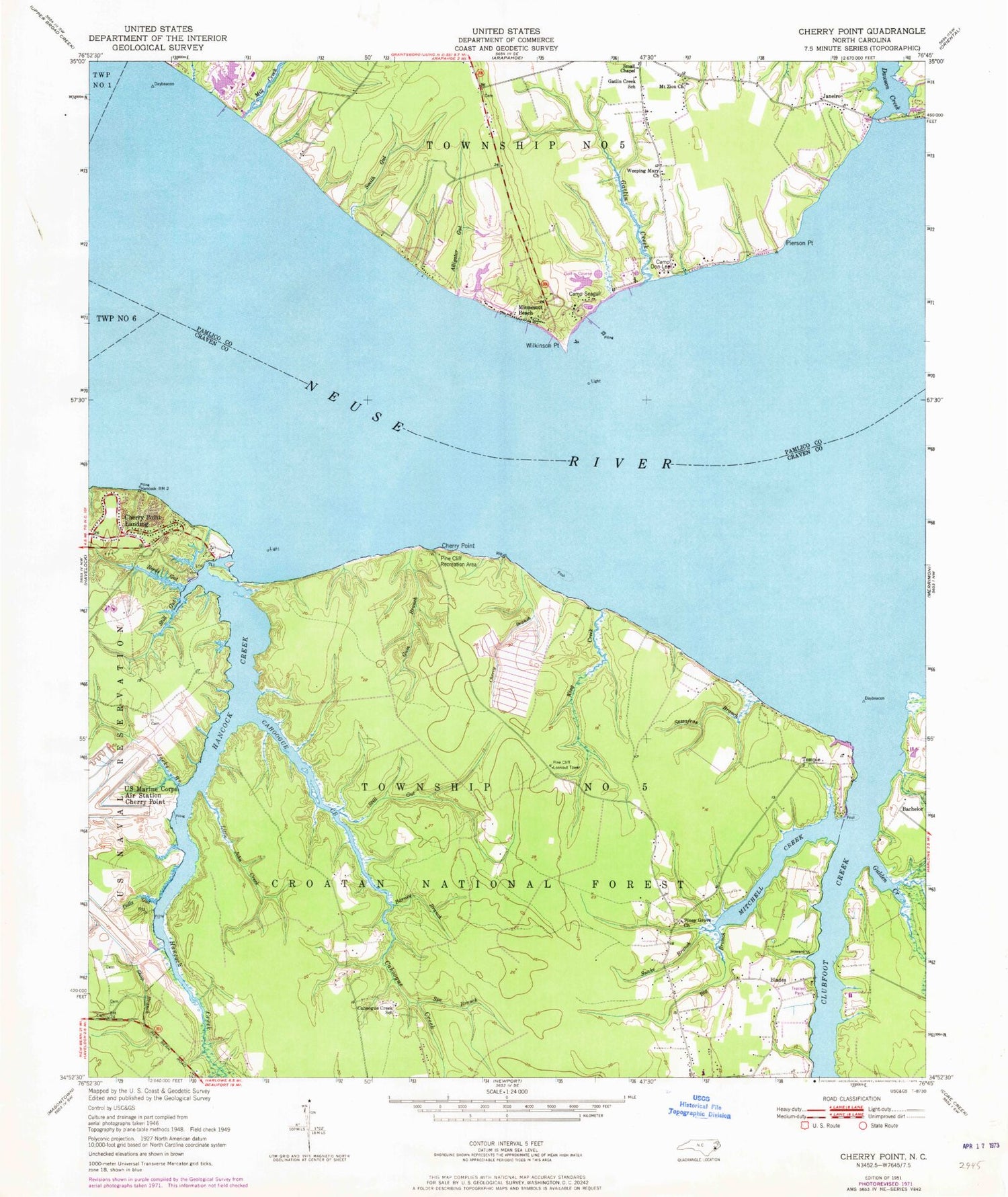 Classic USGS Cherry Point North Carolina 7.5'x7.5' Topo Map Image