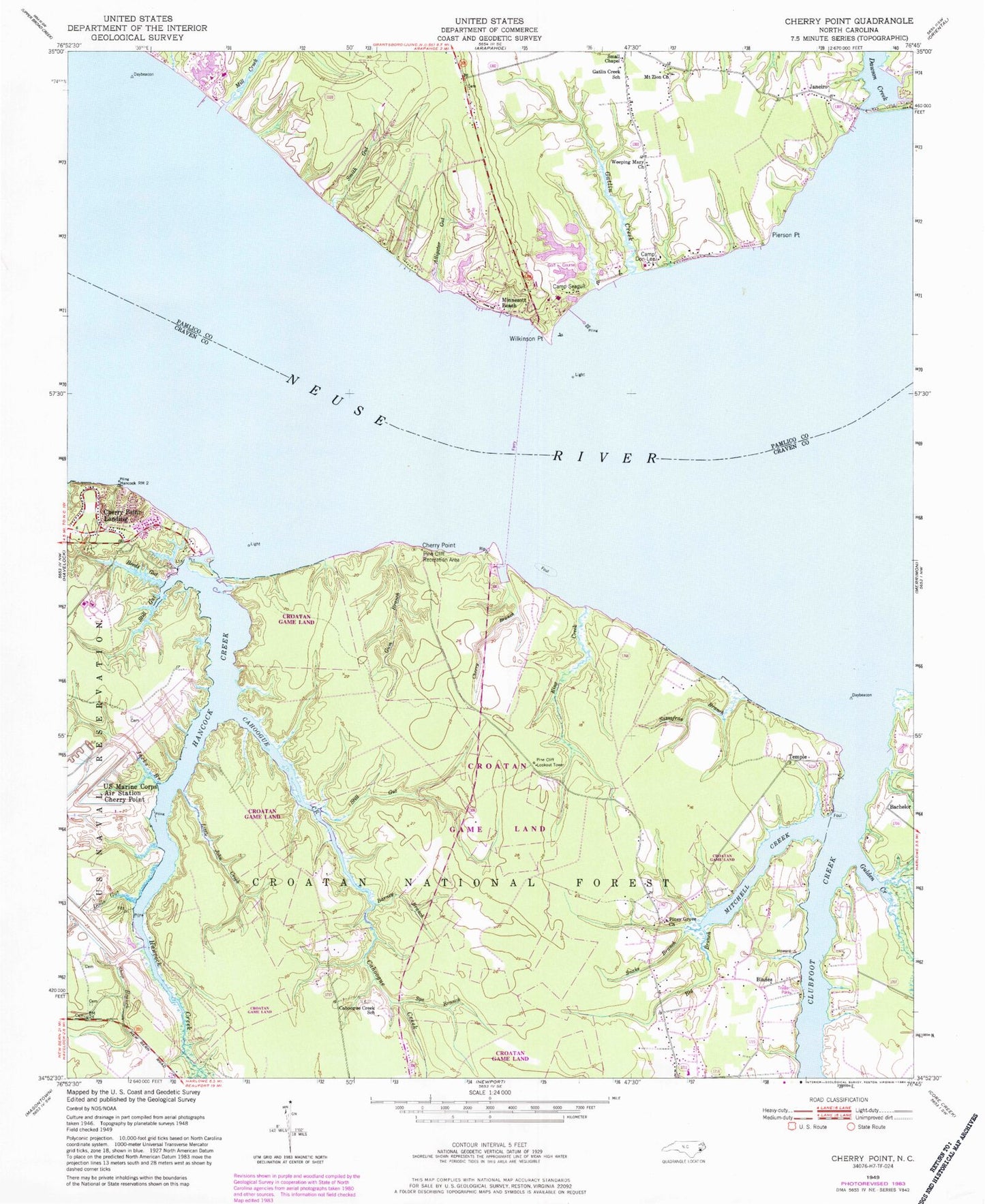 Classic USGS Cherry Point North Carolina 7.5'x7.5' Topo Map Image