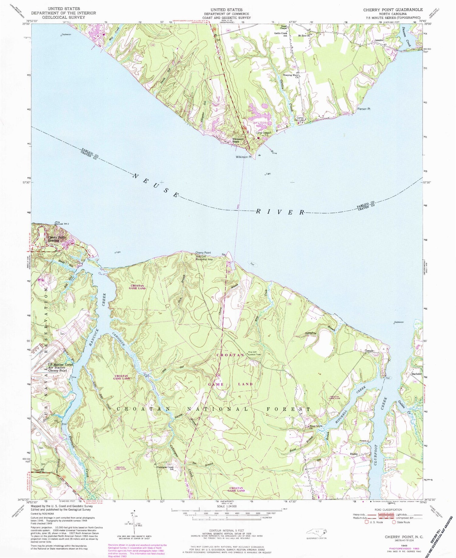 Classic USGS Cherry Point North Carolina 7.5'x7.5' Topo Map Image