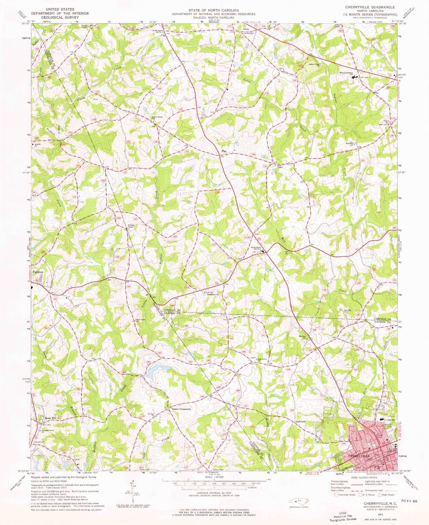 Classic USGS Cherryville North Carolina 7.5'x7.5' Topo Map Image
