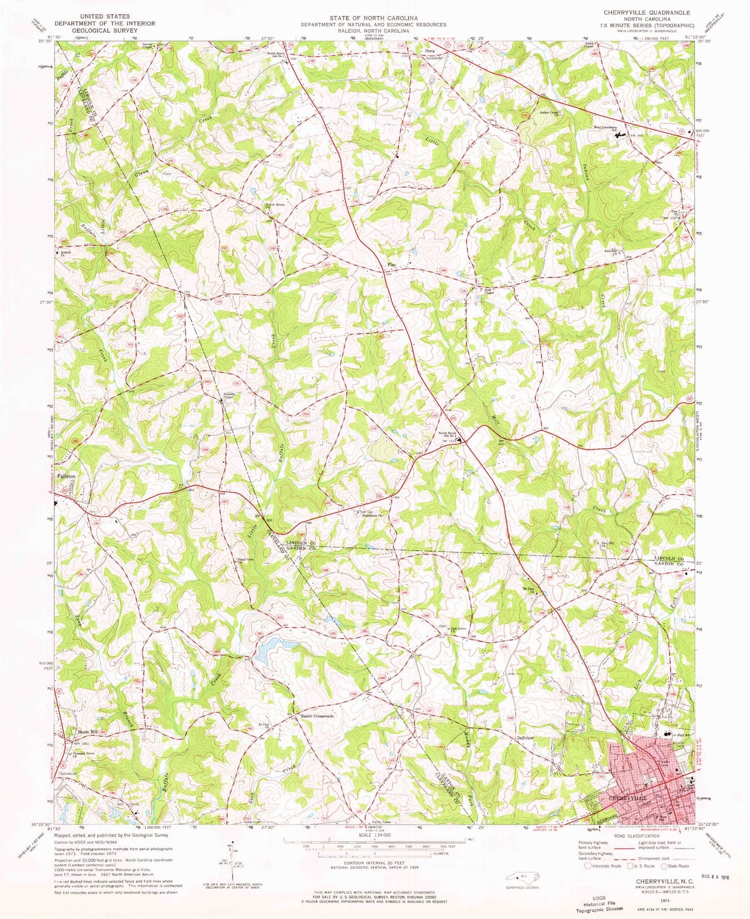 Classic USGS Cherryville North Carolina 7.5'x7.5' Topo Map Image